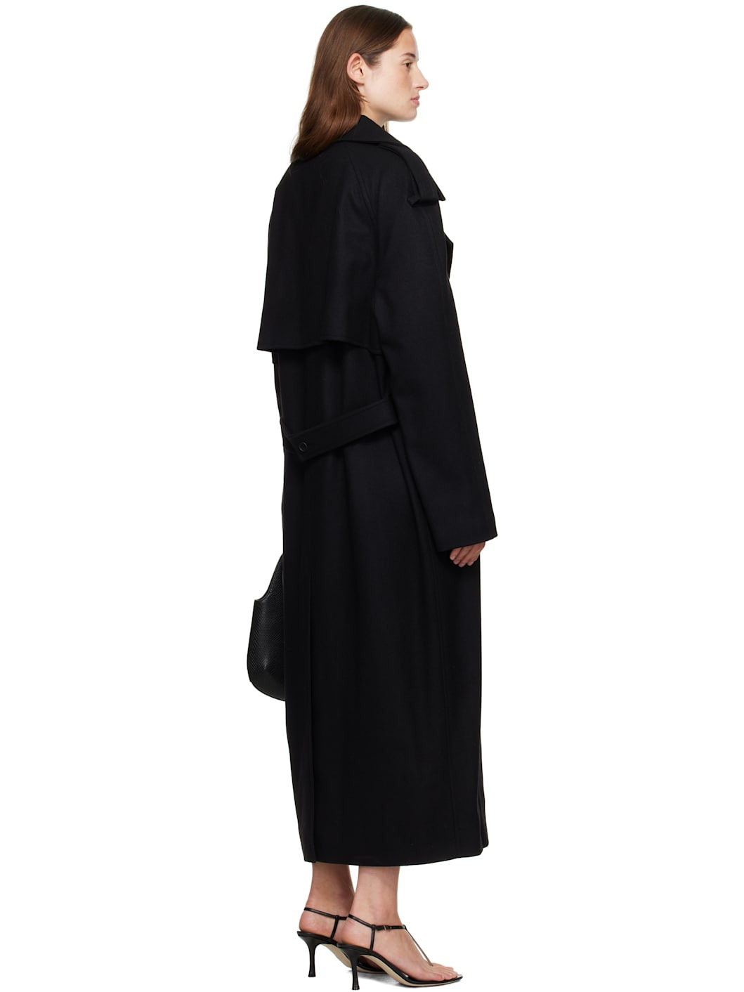Black Oblique Wool Trench Coat - 3