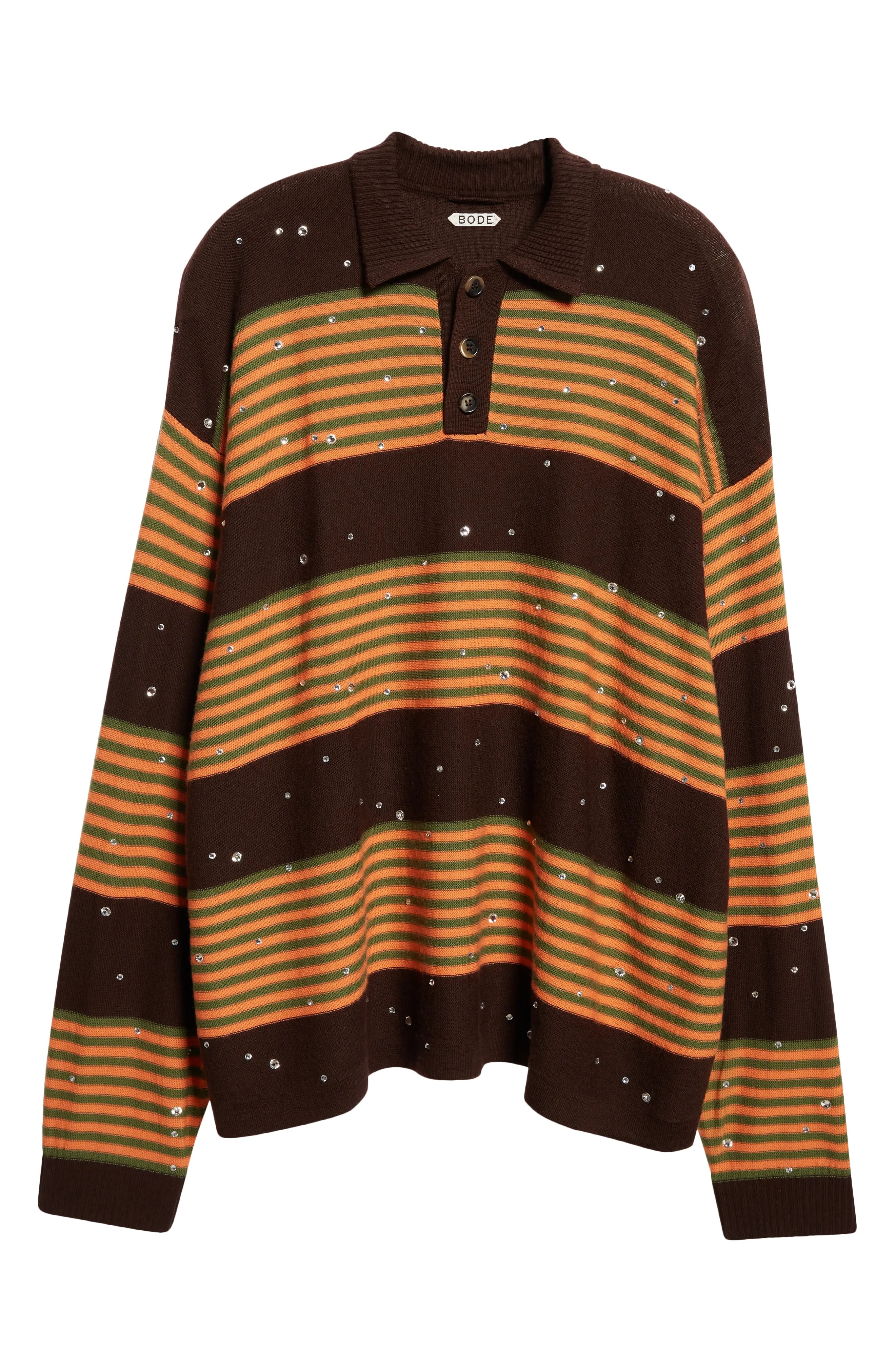 Crystal Embellished Stripe Merino Wool Polo Sweater - 5