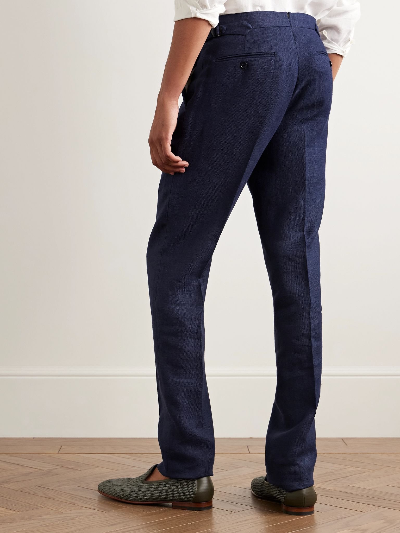 Slim-Fit Tapered Linen Trousers Navy - 4