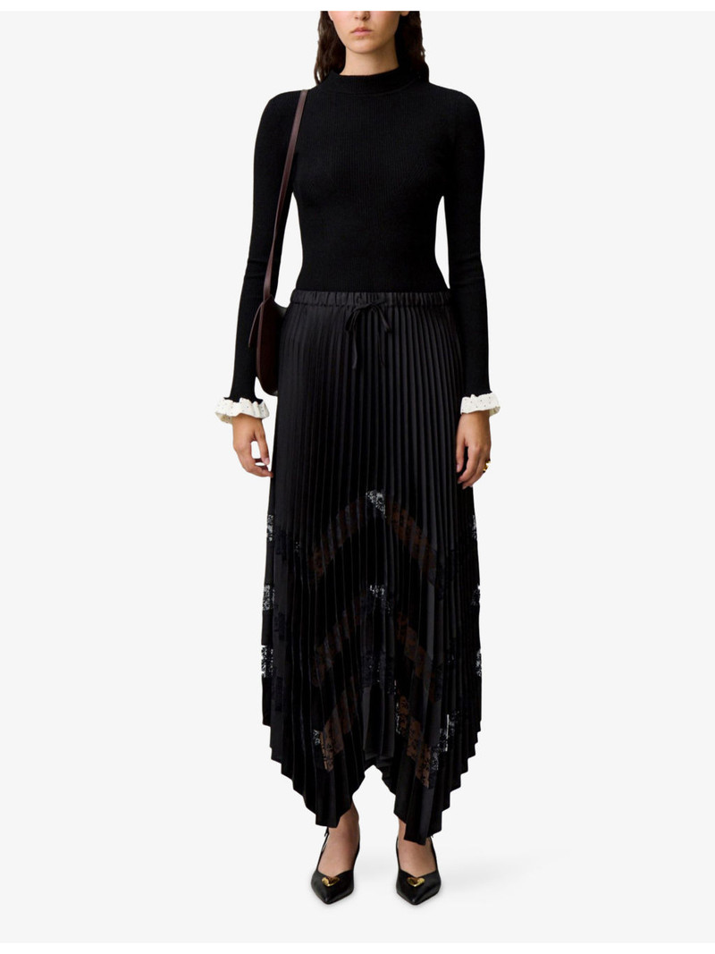 Claudie Pierlot Pleated Lace-Embroidered Satin Midi Skirt outlook
