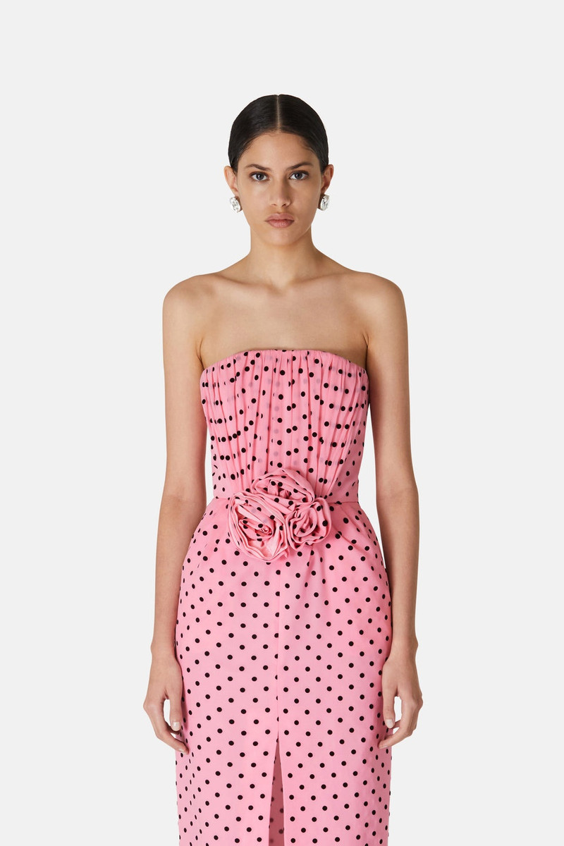 FLOCKED POLKA DOT SILK GEORGETTE BUSTIER DRESS 6