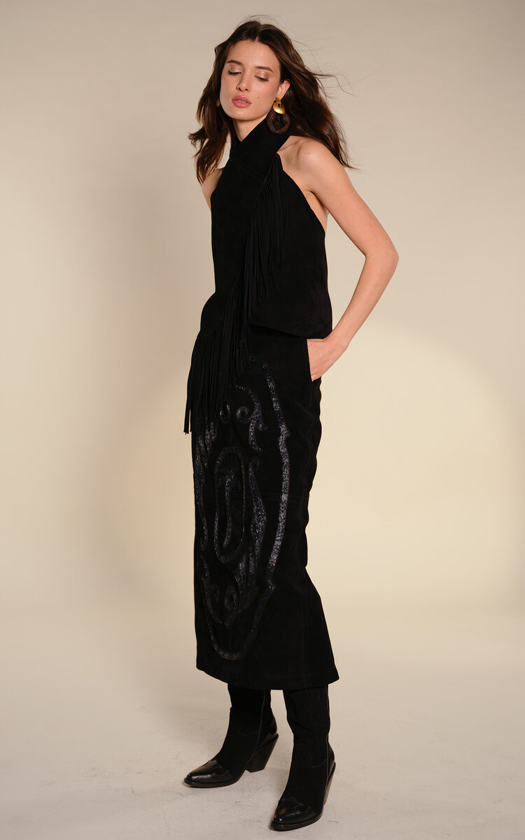 Pueblo Ancestral Goat Leather Midi Skirt black - 2