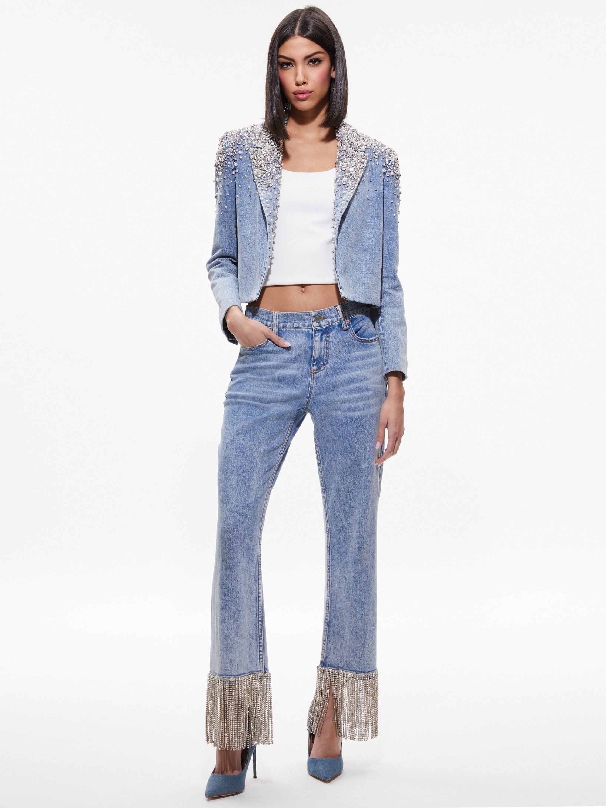 IVAN CRYSTAL EMBELLISHED CROPPED DENIM BLAZER - 5