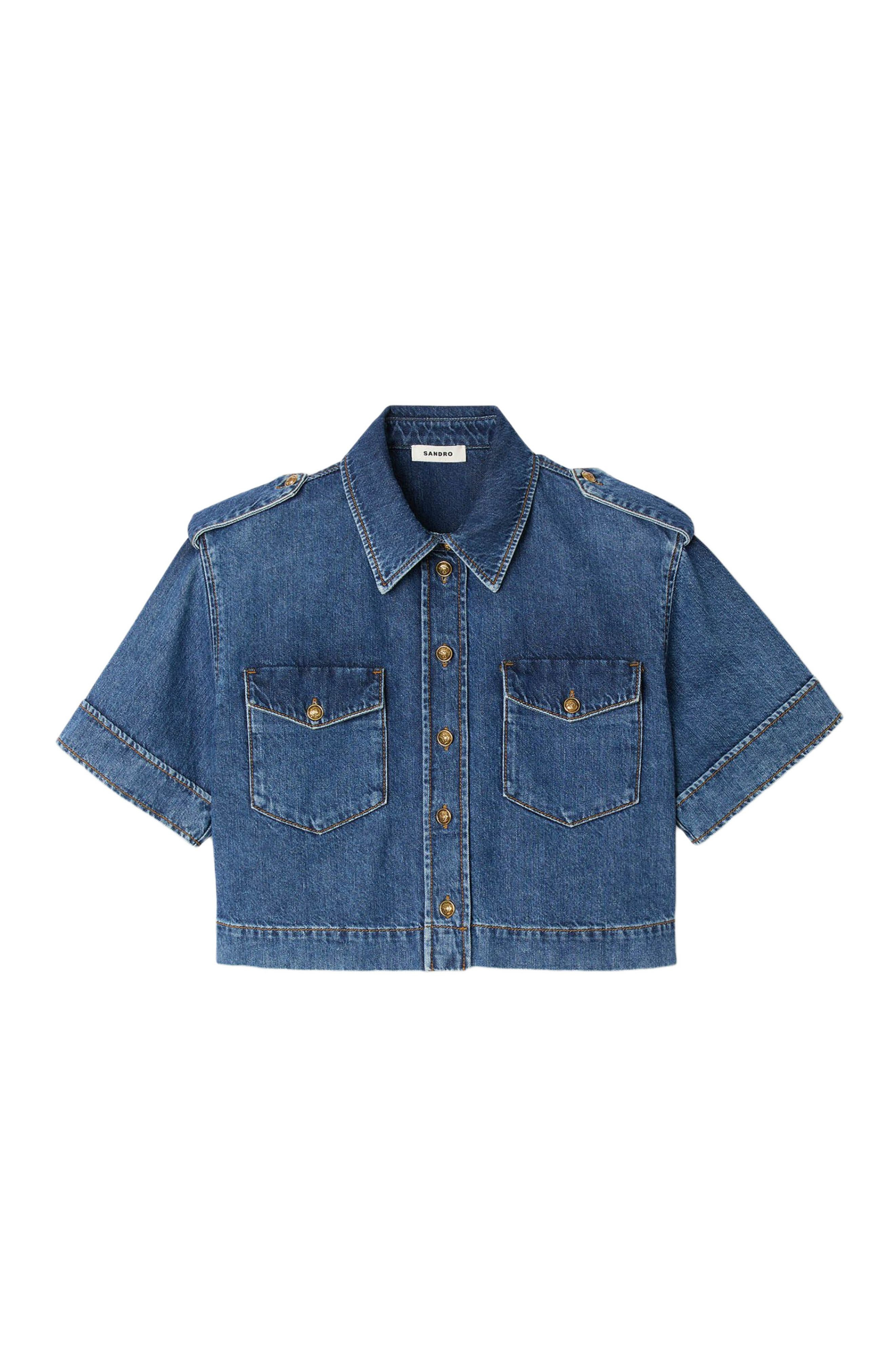 SANDRO Cropped denim shirt in Blue Jean at Nordstrom - 5