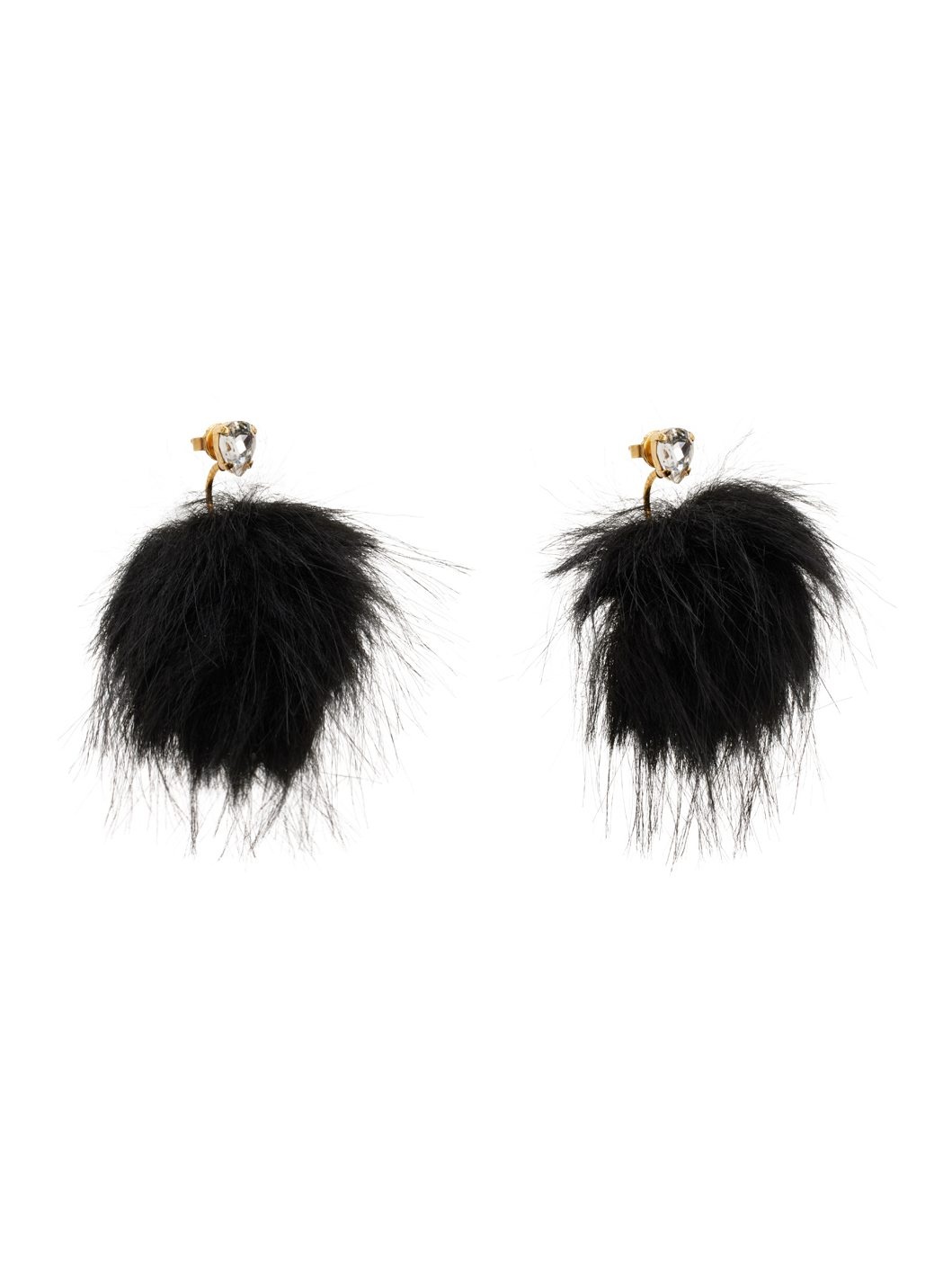 Black Crystal Stud Pompom Earrings - 2