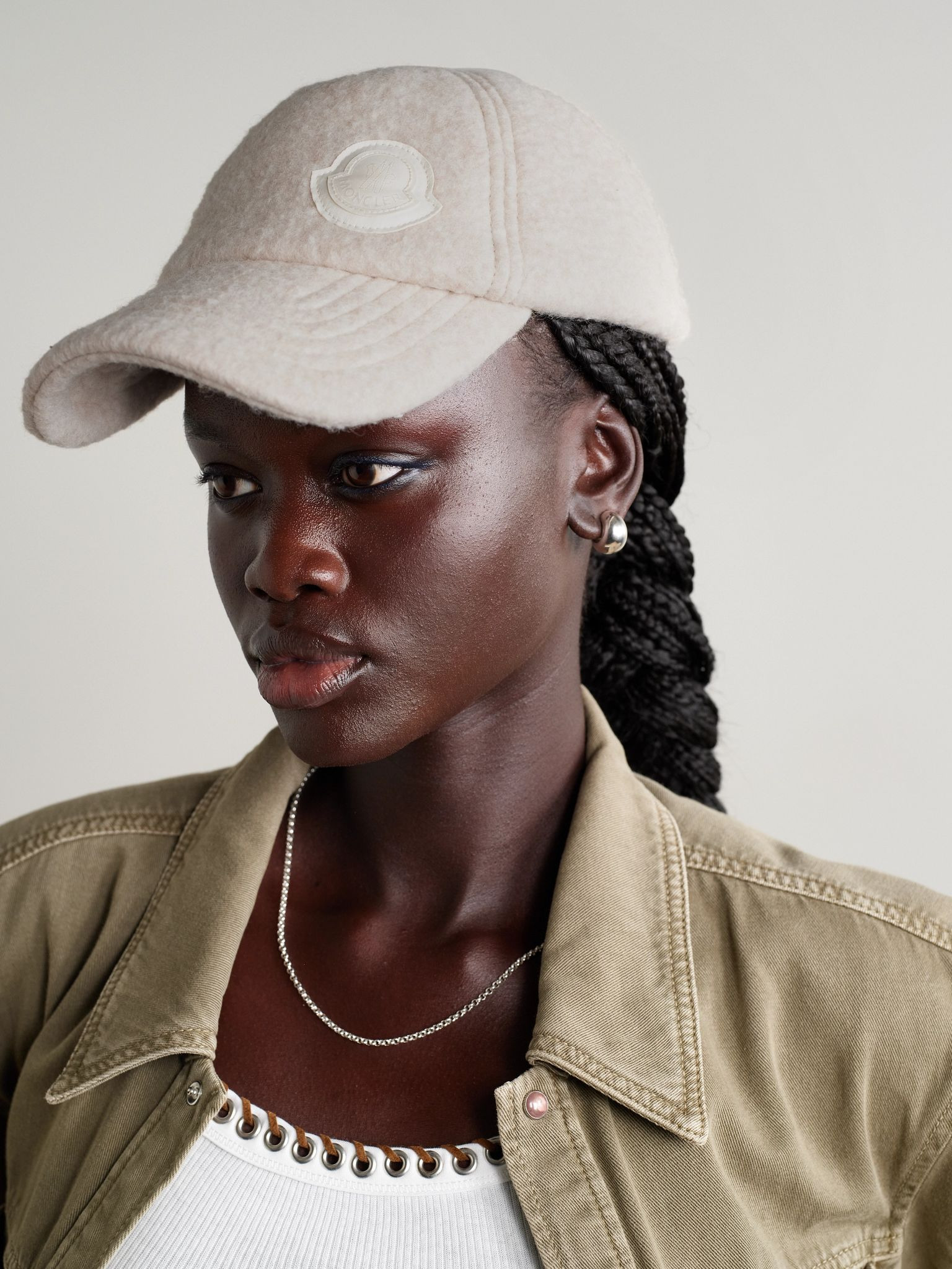 Leather-trimmed appliquéd flannel baseball cap Beige - 2