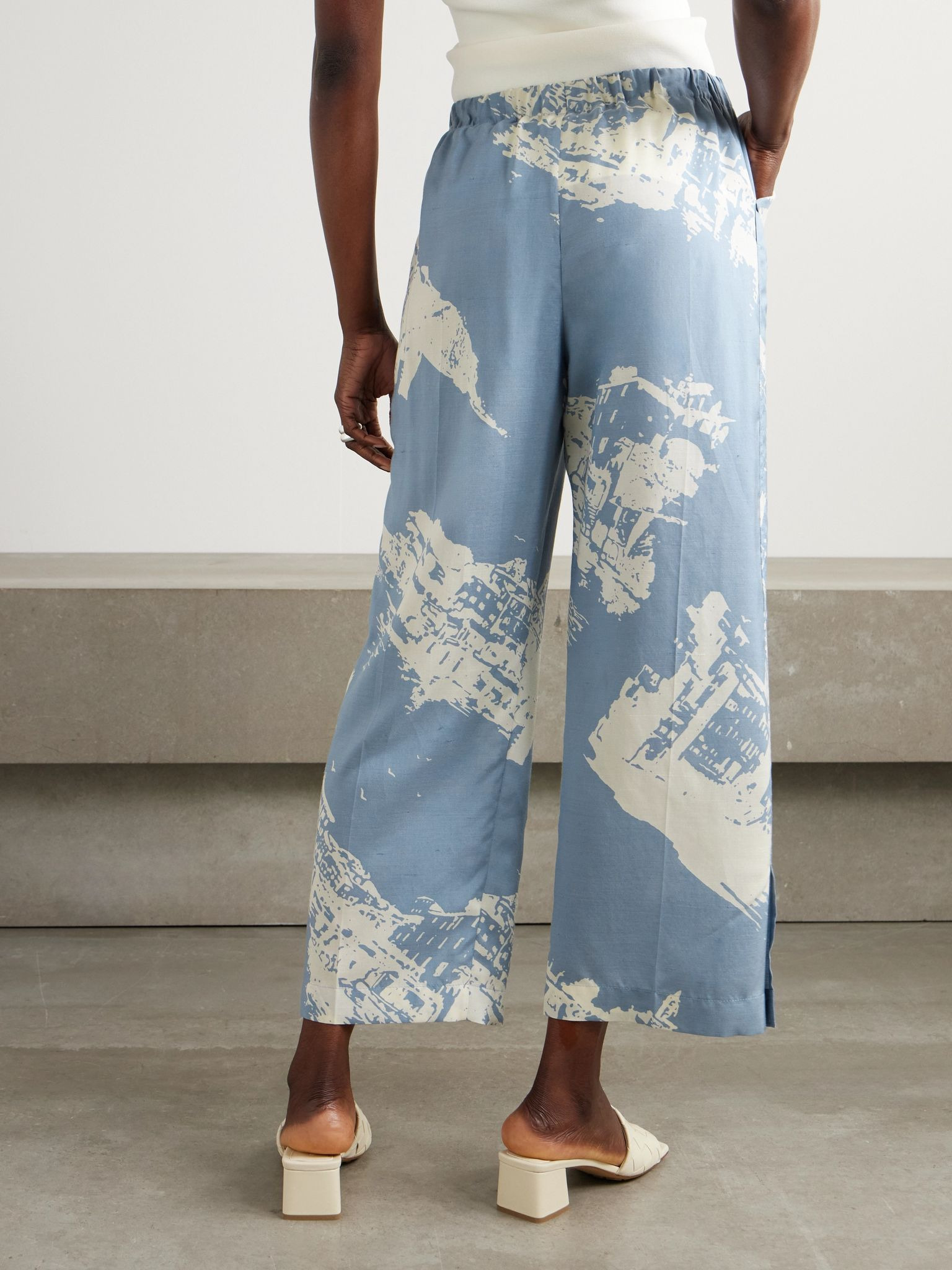 Printed silk and cotton-blend shantung wide-leg pants Blue - 4