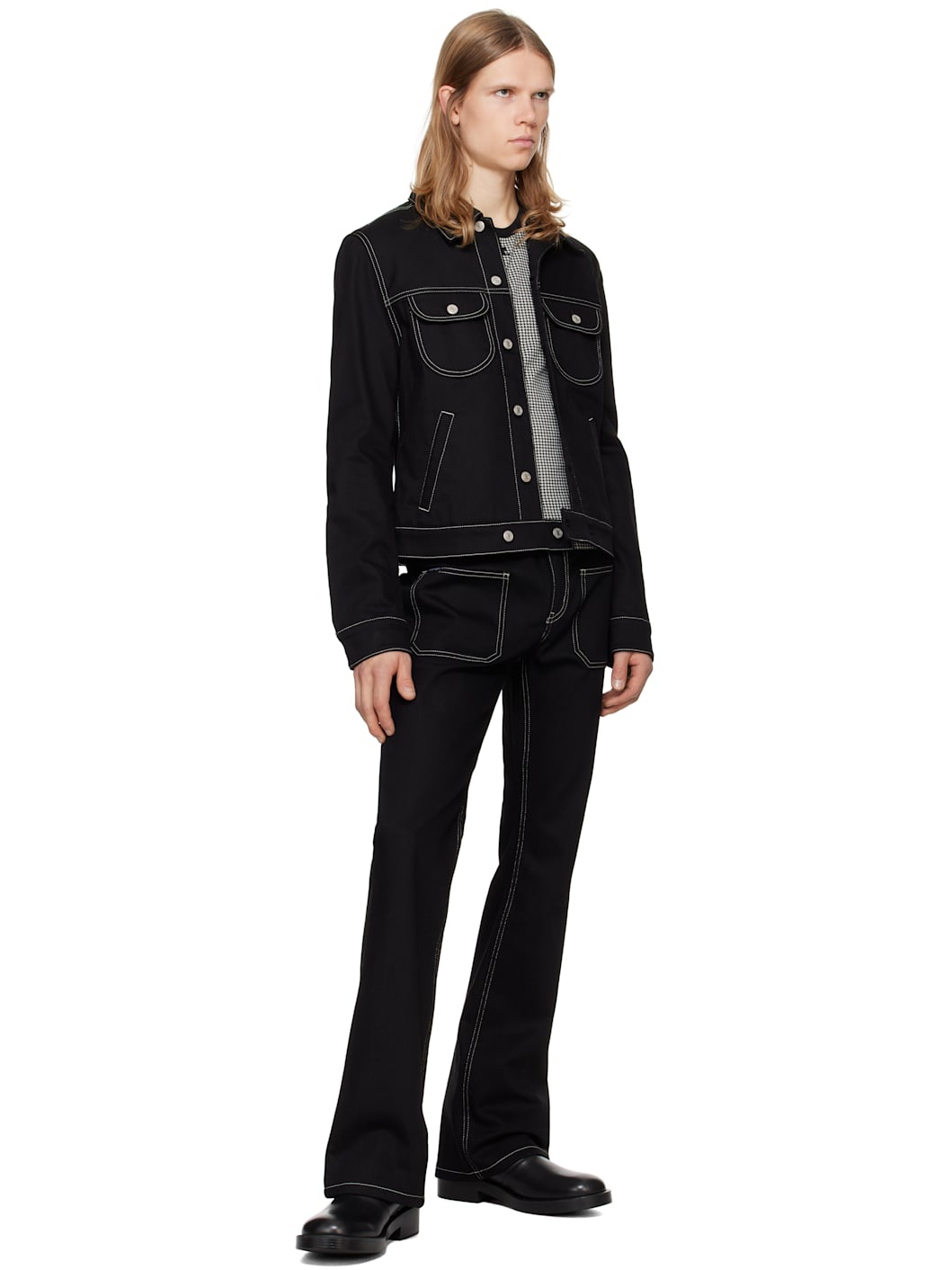 Black Topstitched Denim Trucker Jacket - 4