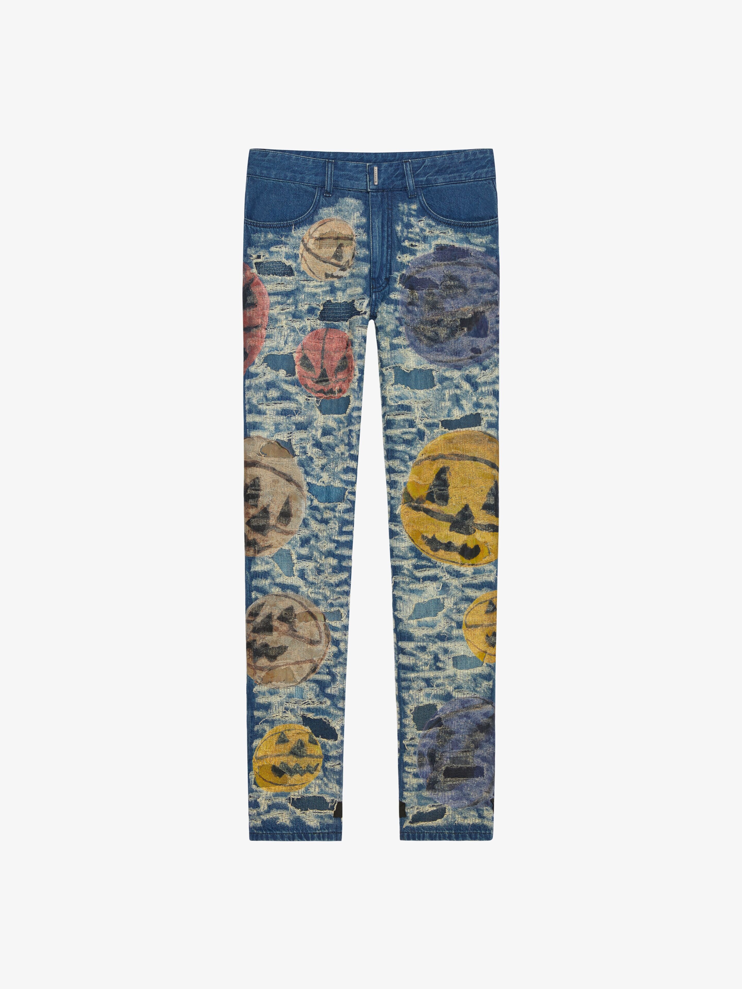 SLIM FIT JEANS IN DESTROYED DENIM WITH CERAMICS PRINTS - 1