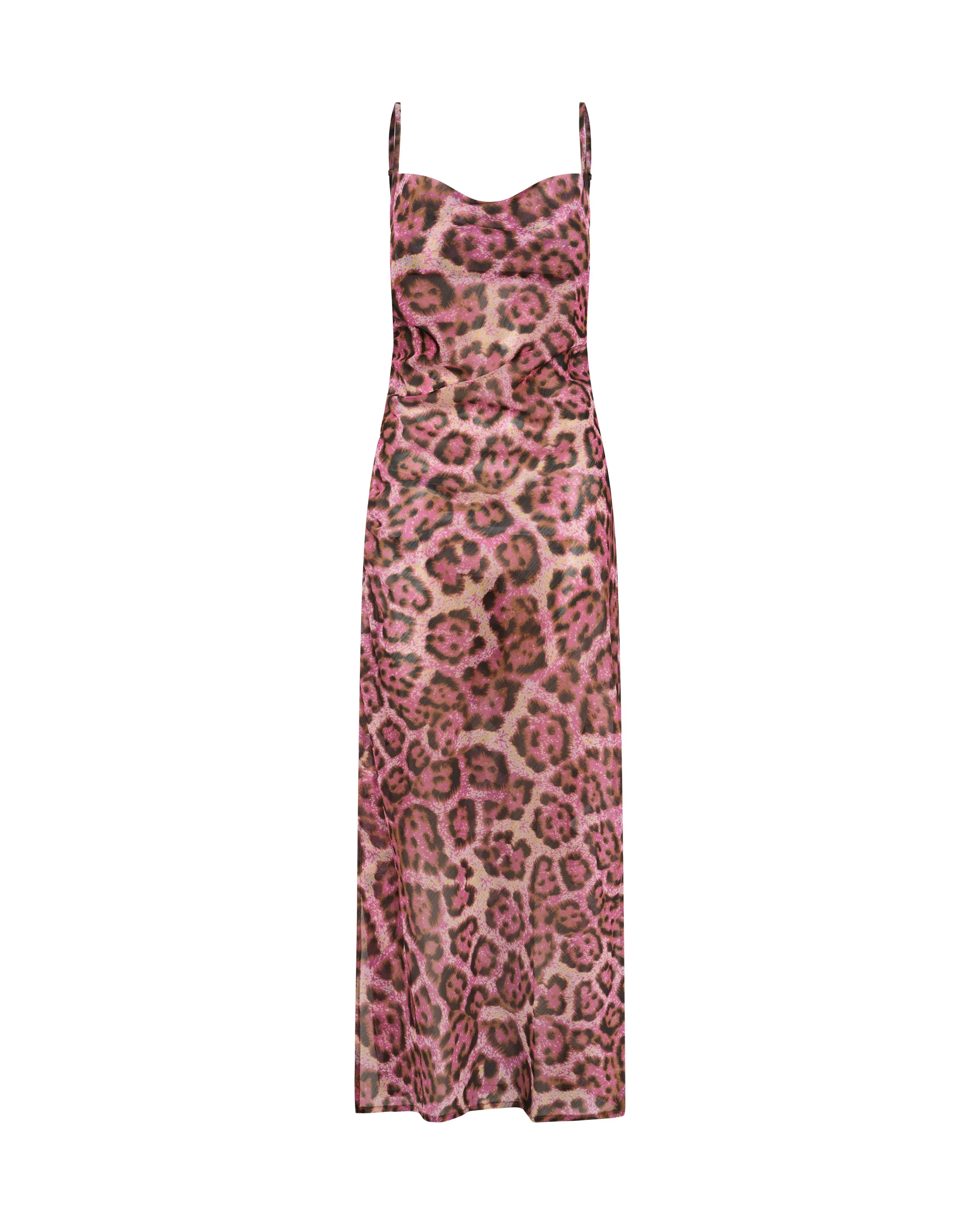 Rhiannon Ruched Long Slip Maxi Dress - Pink Leopard - 1