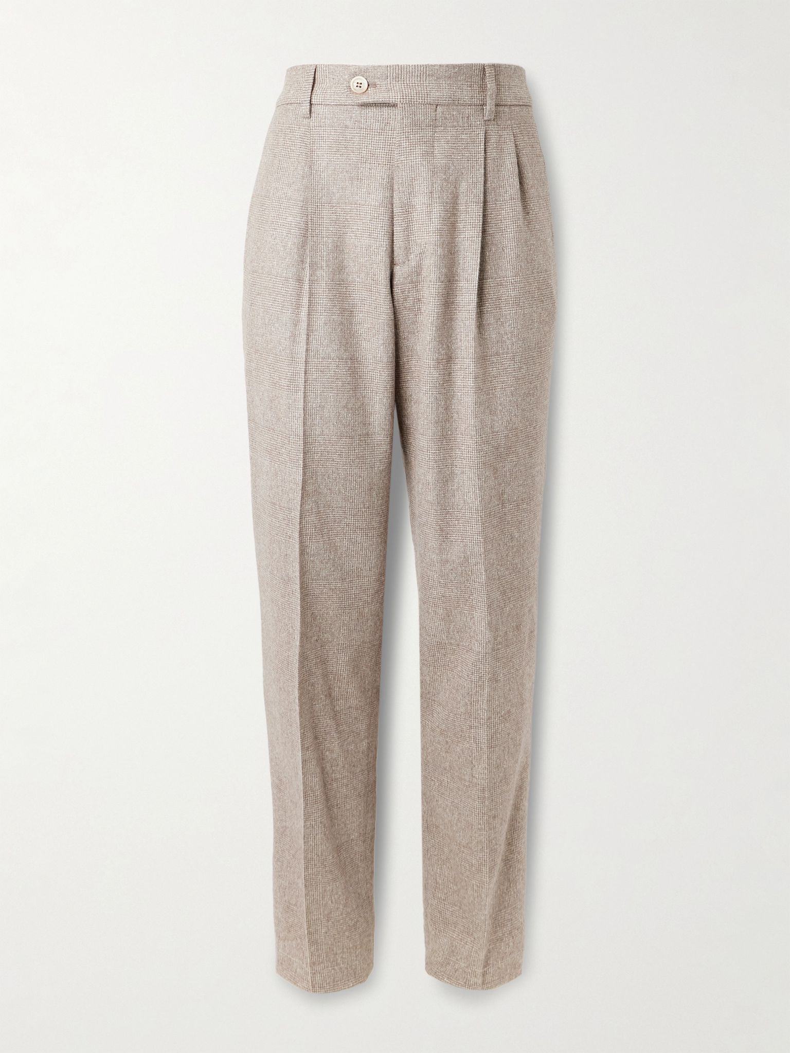 Tapered Pleated Prince of Wales Checked Silk, Wool and Cashmere-Blend Flannel Suit Trousers Beige - 1