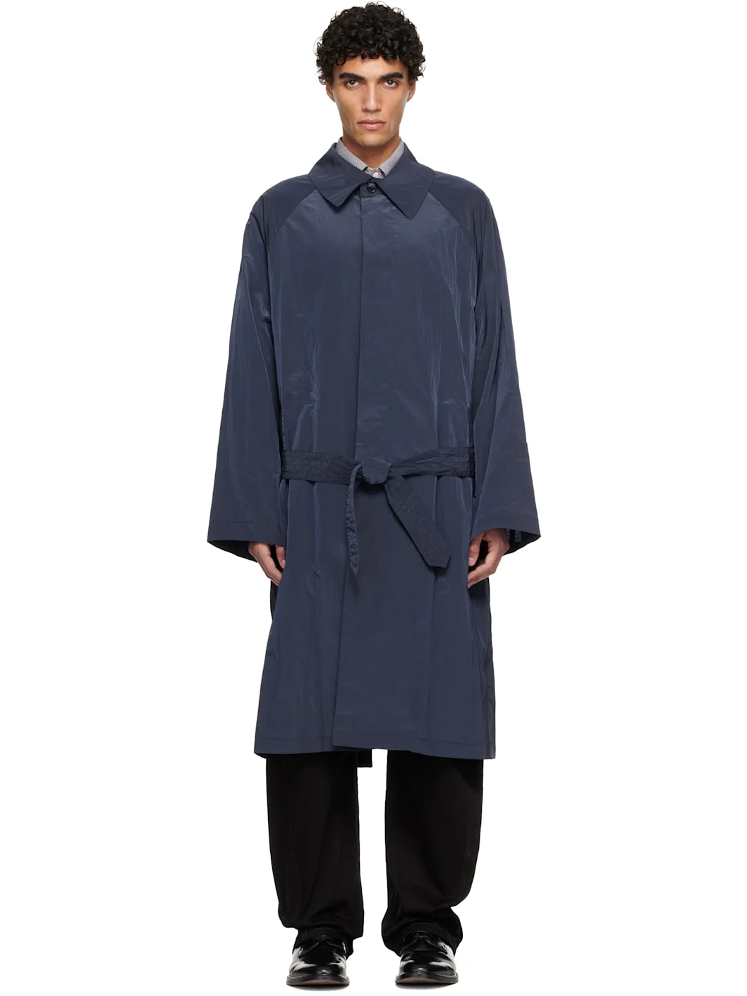 Navy Crinkled Trench Coat - 1