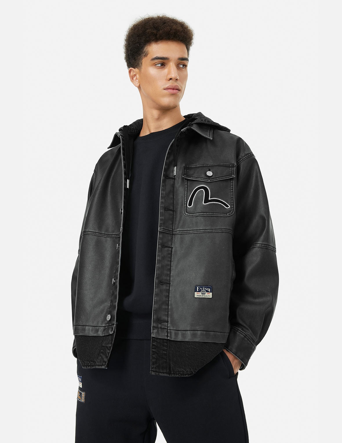 Seagull Print and Embossed Logo Regular Fit Vegan Leather Jacket - 5