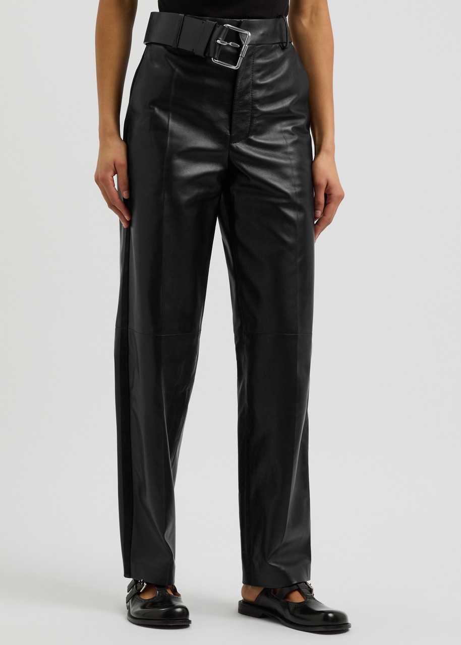 Loewe Womens Belted Black Leather Trousers, Straight Leg, UK10/S - 2
