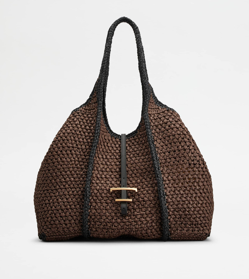 T TIMELESS SHOPPING BAG IN RAFFIA LARGE - BROWN, BLACK 1