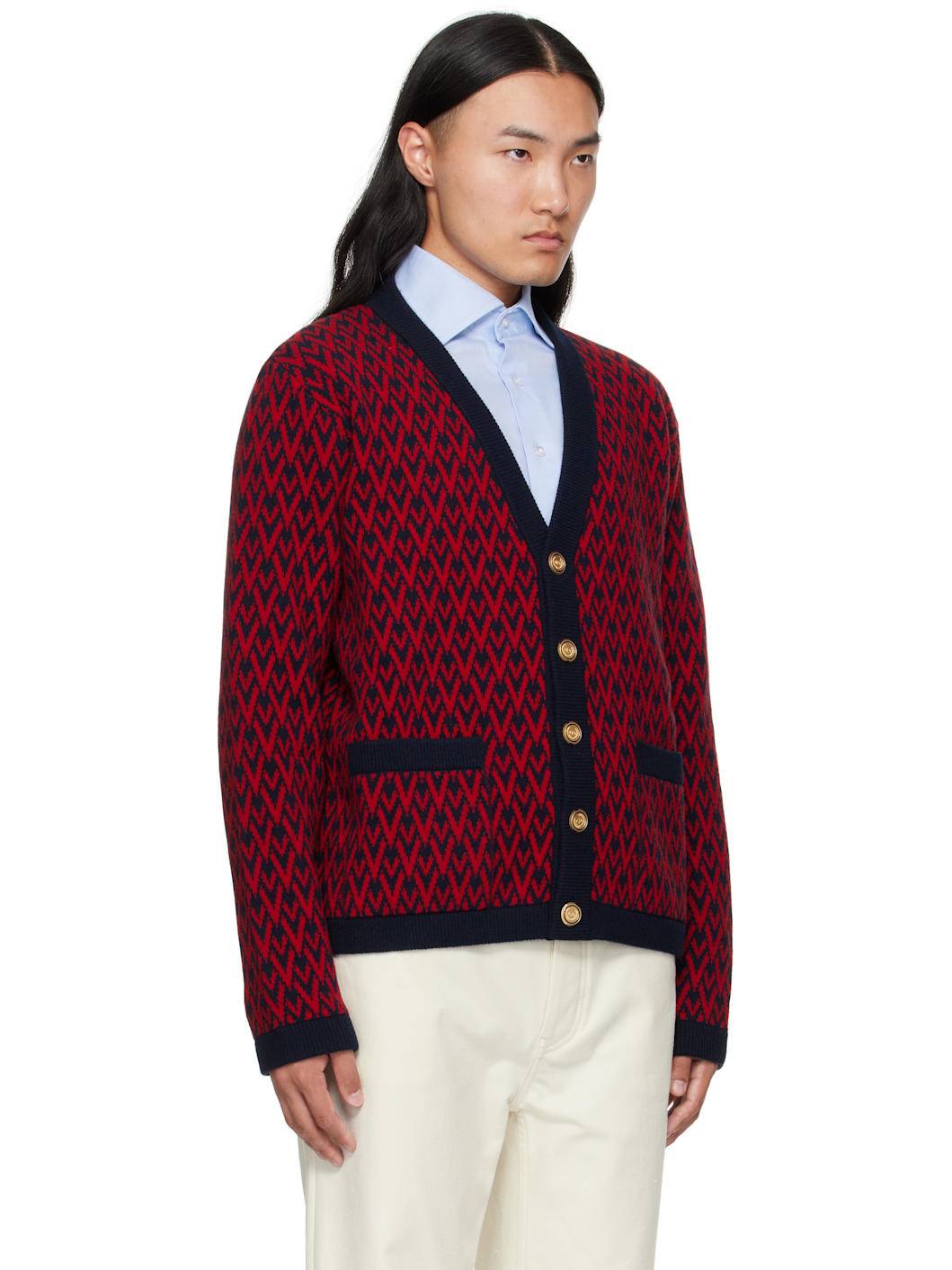 Red & Navy Wool 'Toute La V' Cardigan - 2