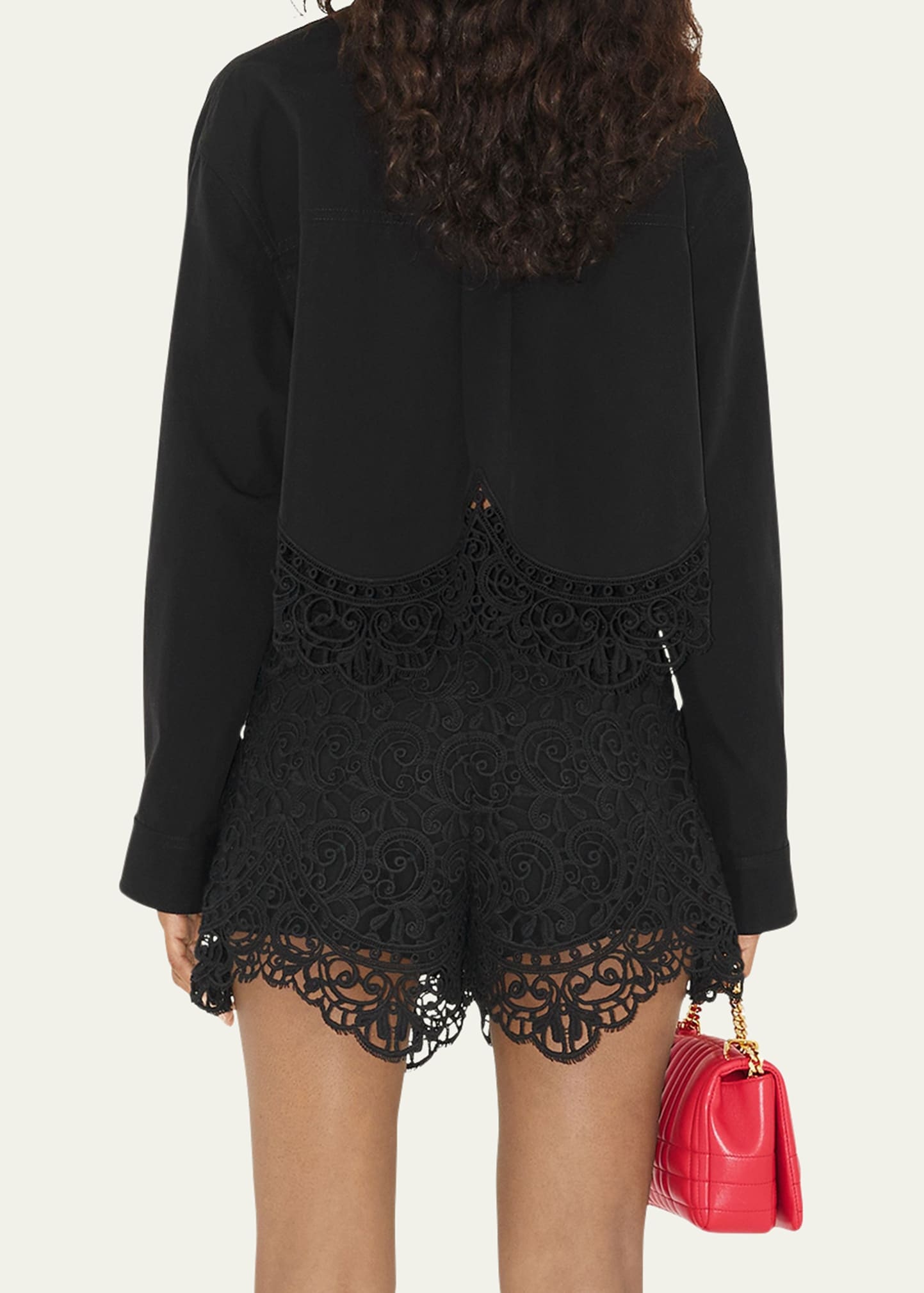 Cropped Button-Front Blouse with Lace Trim - 3