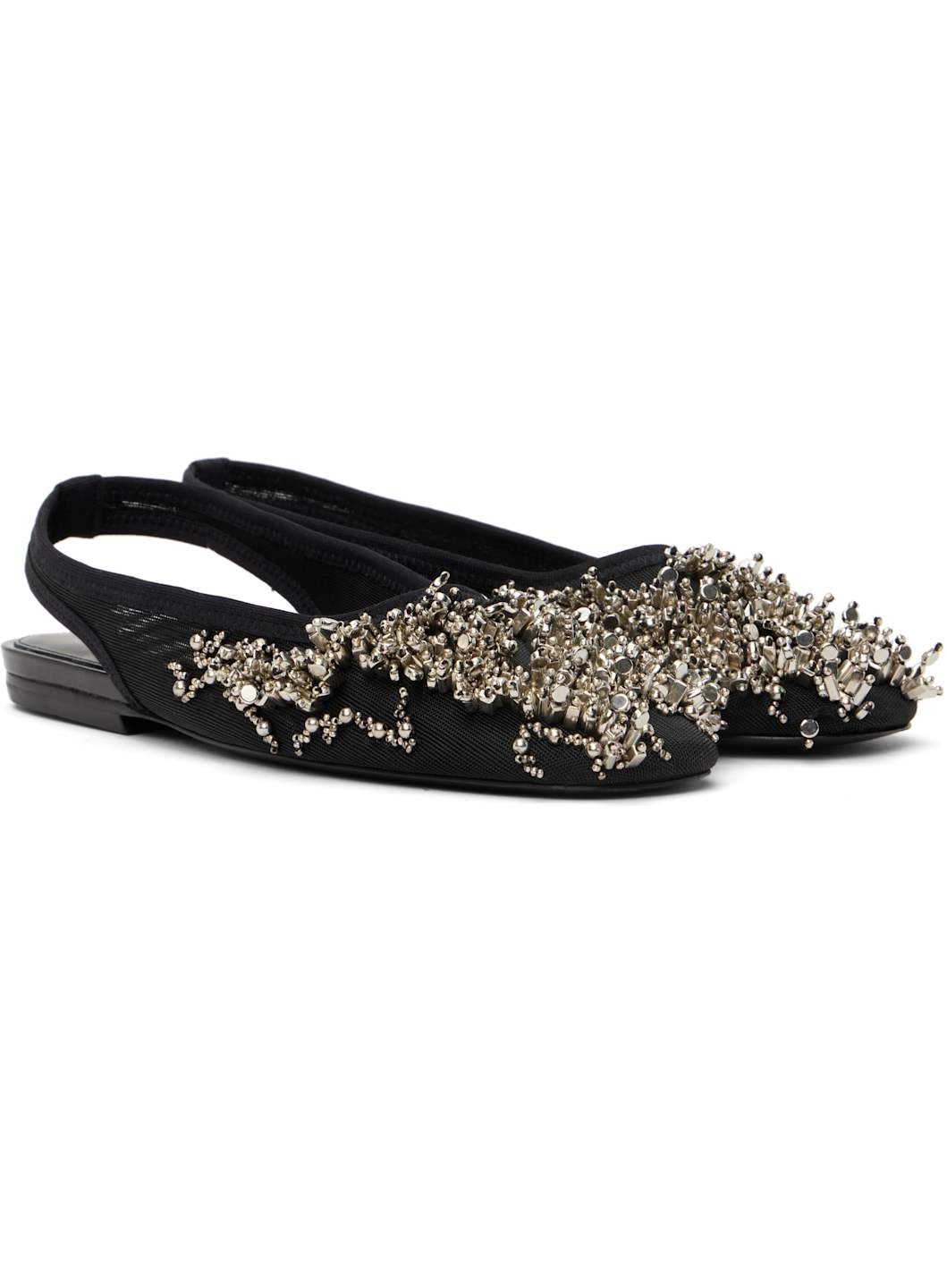Black Embellished Mesh Slingback Ballerina Flats - 4