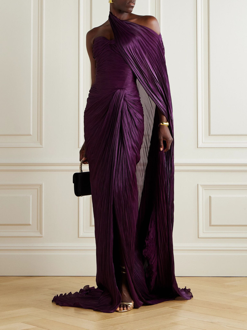 MARMAR HALIM Cape-effect plissé silk-satin gown Purple outlook