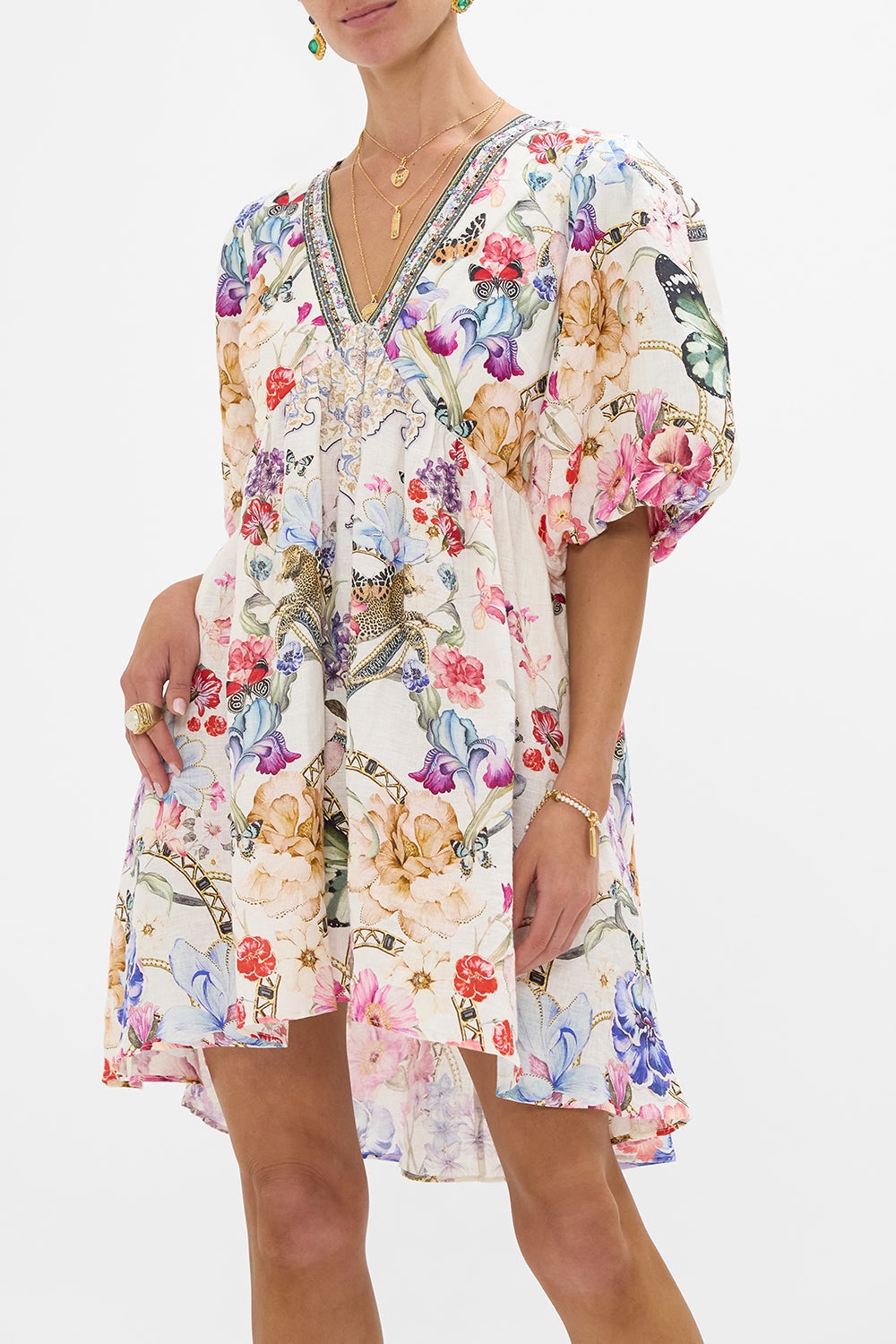 V NECK PUFF SLEEVE SHORT DRESS - 5