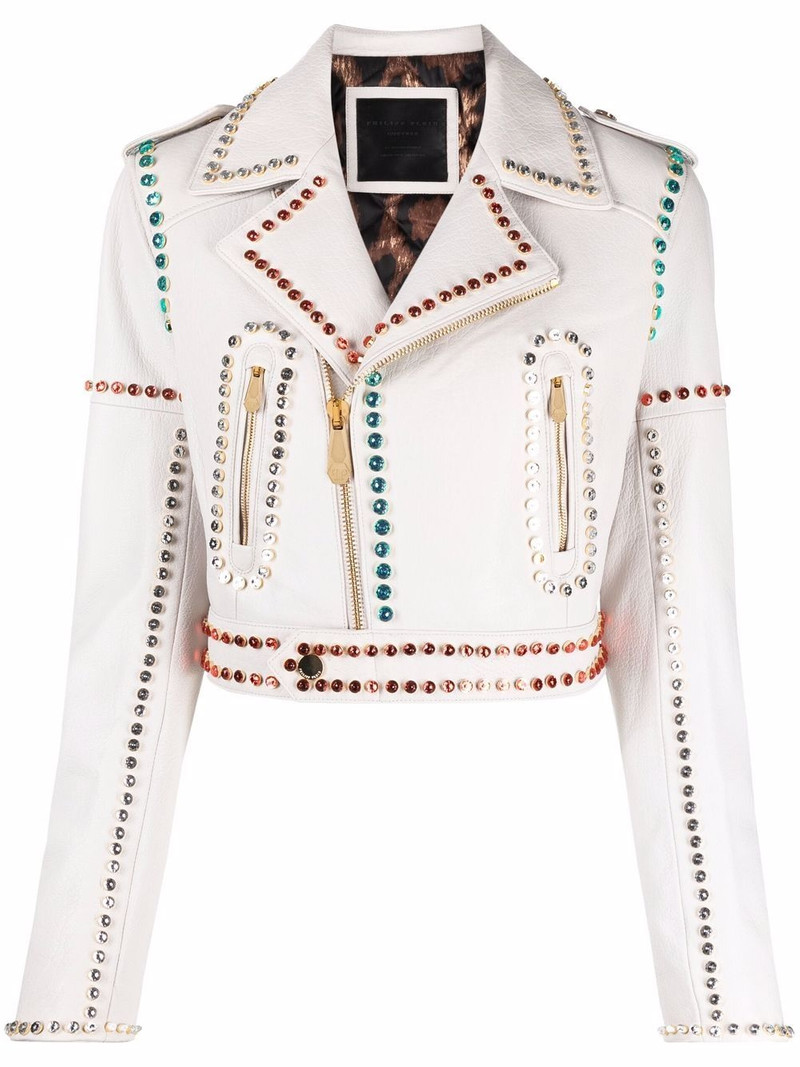 crystal-trim studded cropped biker jacket 1