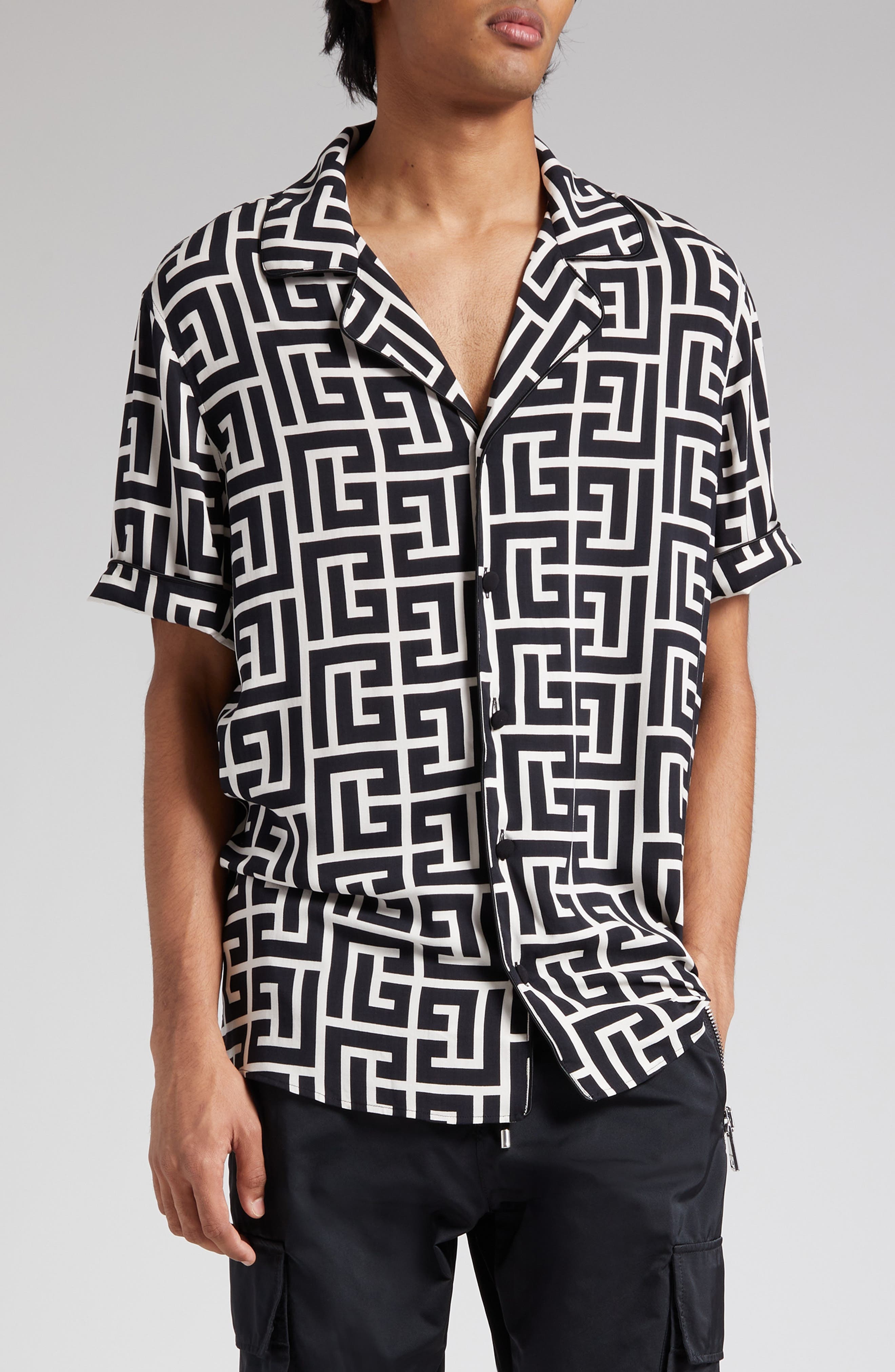 Balmain Macro Monogram Short Sleeve Pajama Shirt in Ivory/Black at Nordstrom - 1