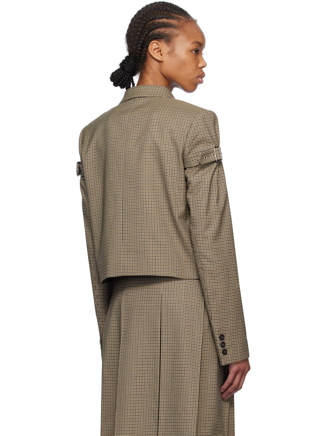 Beige Checkered Belted Blazer - 3
