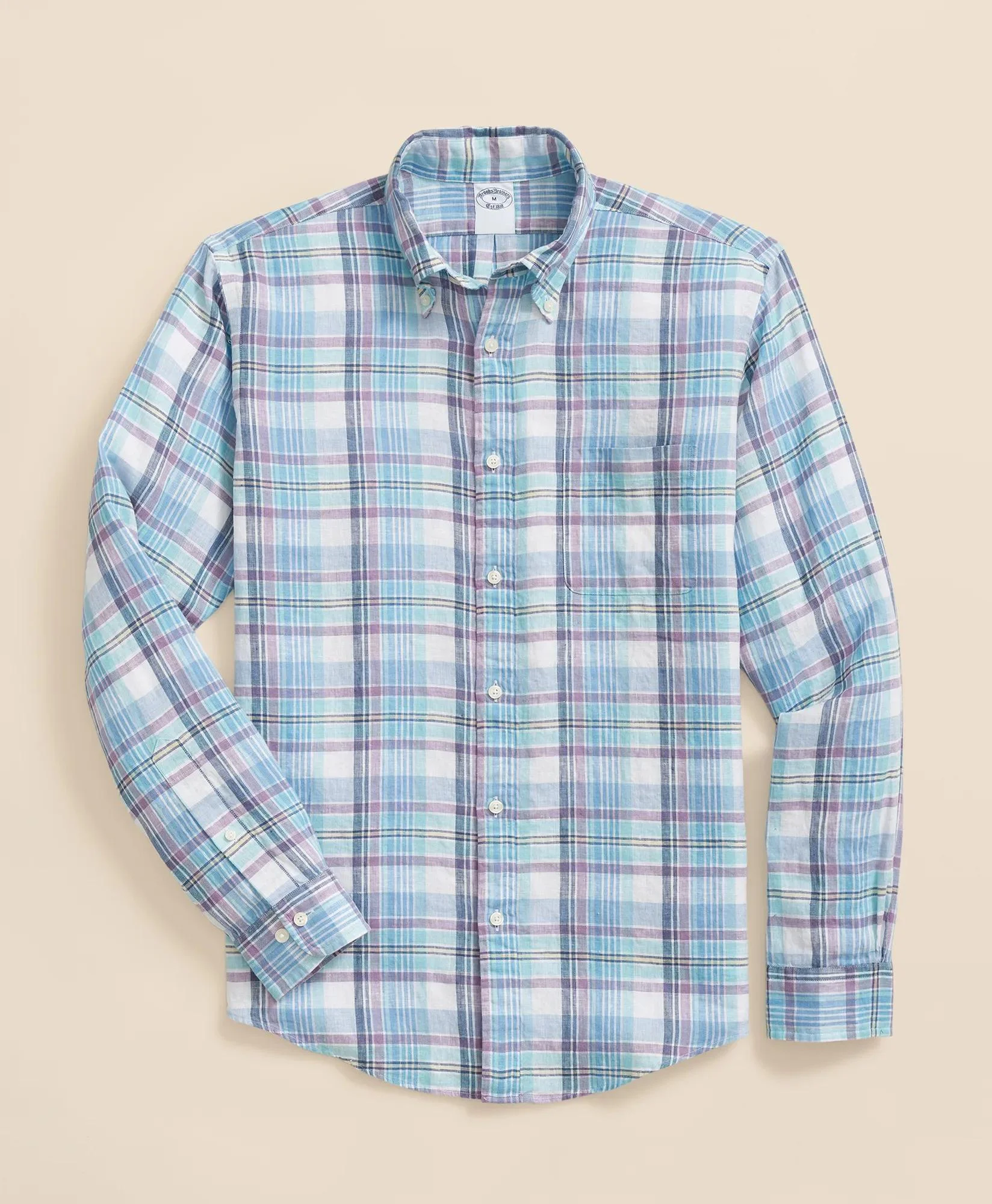 Irish Linen Polo Button Down Collar, Plaid Shirt - 1
