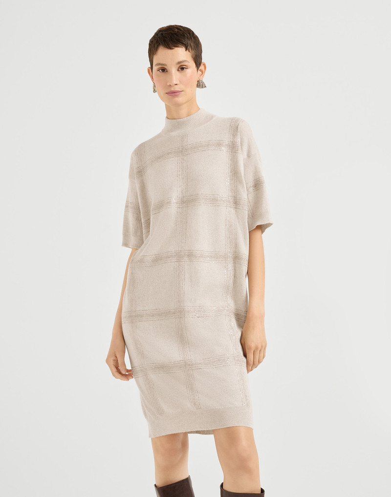 Virgin wool, cashmere and silk knit dress with dazzling macro Prince of Wales embroidery 1