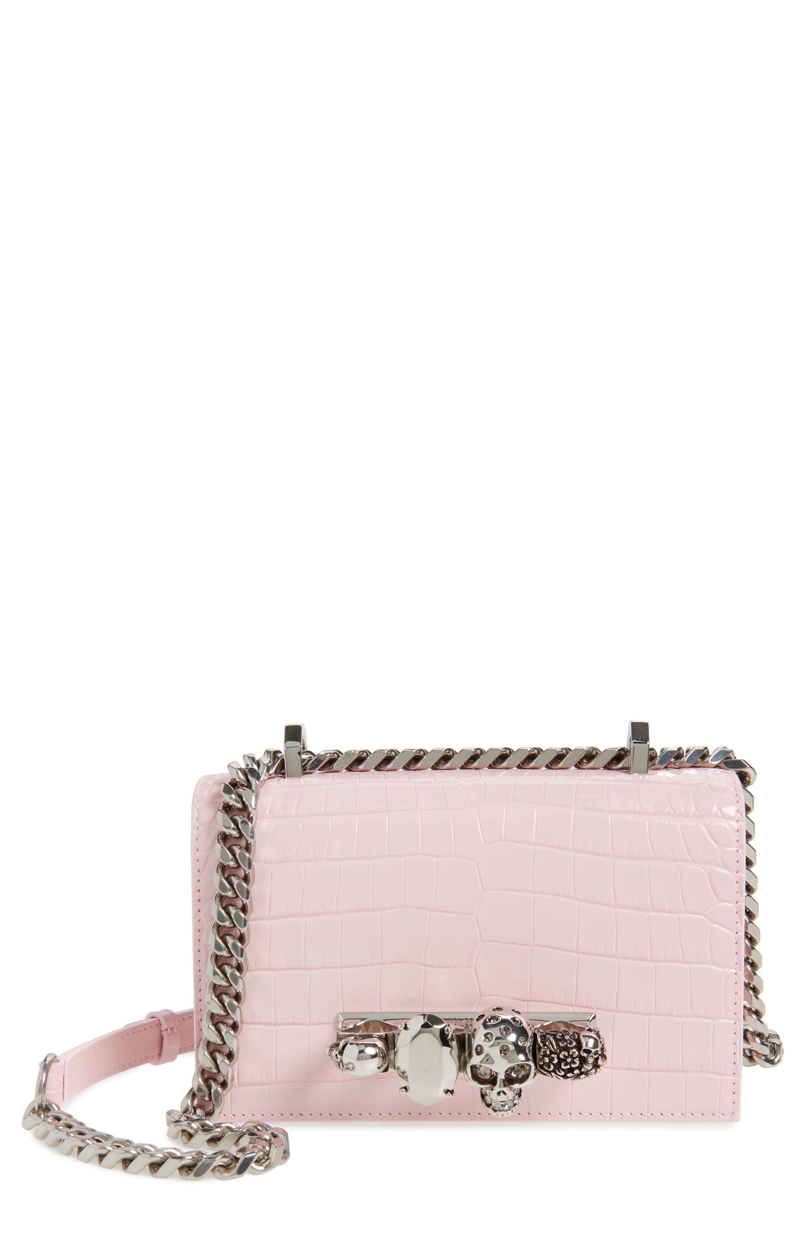 Alexander McQueen Croc Embossed Leather Shoulder Bag in Rose/Silver at Nordstrom - 1