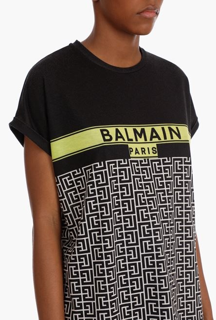 Bicolor cotton jacquard T-shirt with lime green Balmain logo print - 8