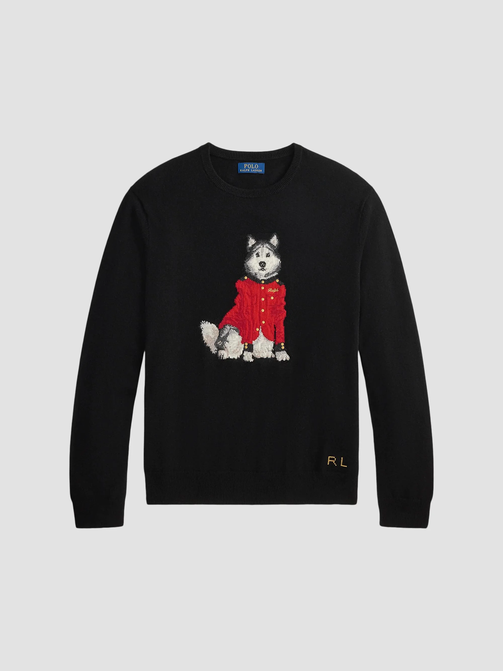 Men's Dog-Intarsia Cashmere Crewneck Sweater - Black Combo - 1