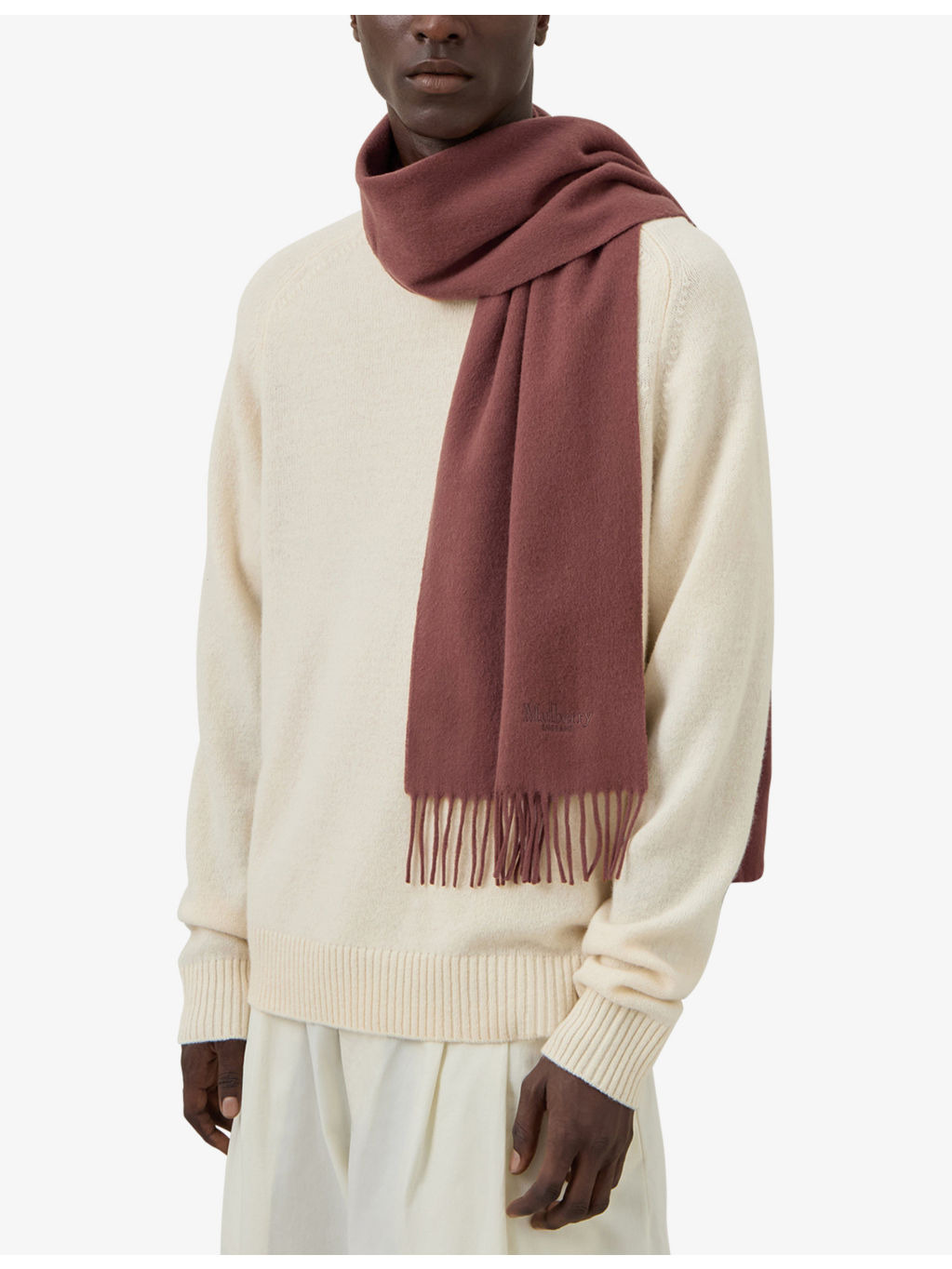 Brand-embroidered fringed-trim wool scarf - 2
