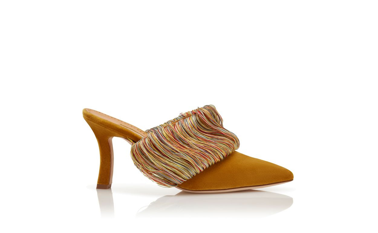 Gold Velvet Fringe Detail Mules - 1