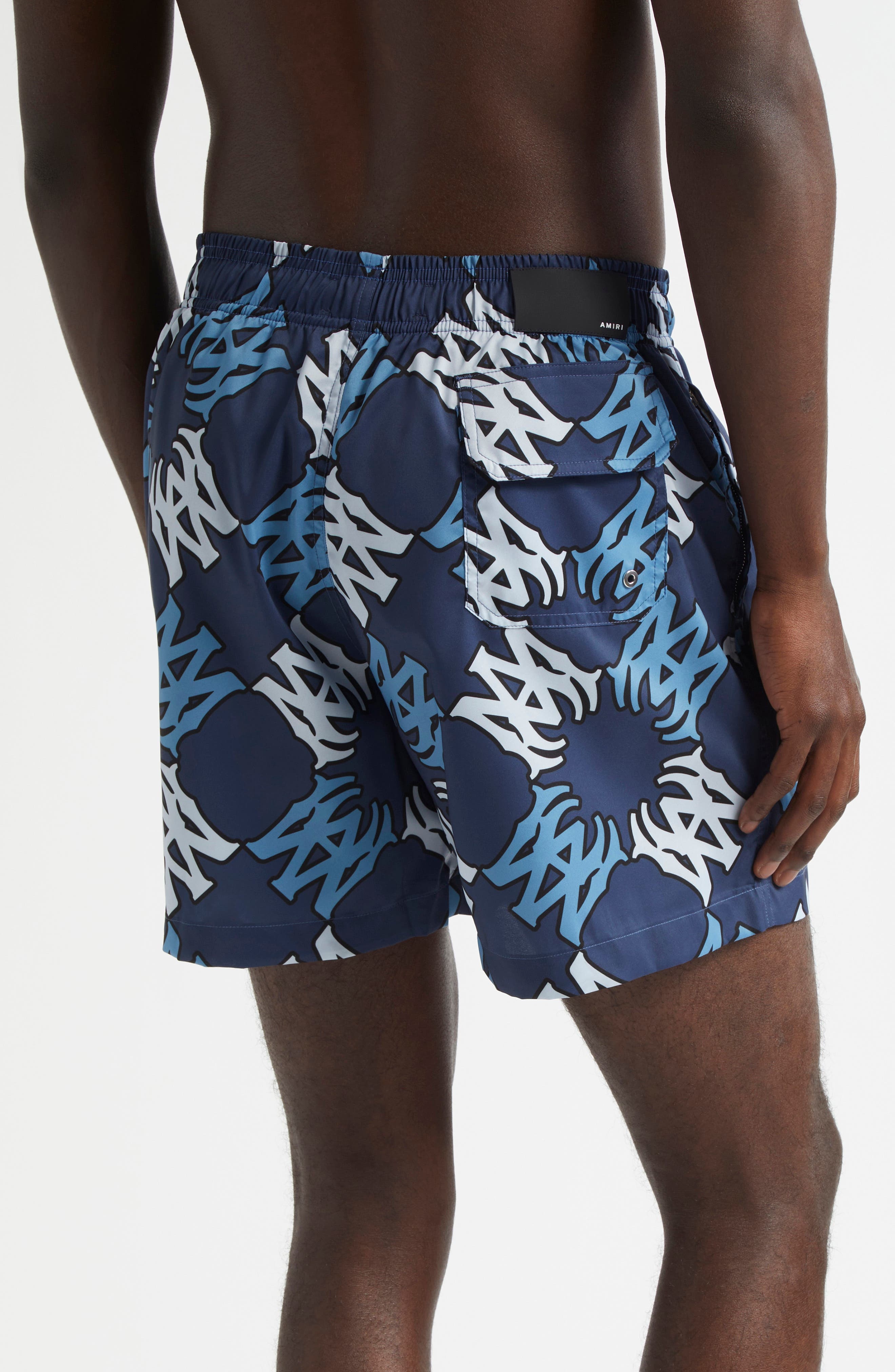 AMIRI MA Quad Monogram Print Swim Trunks in Midnight Blue at Nordstrom - 1
