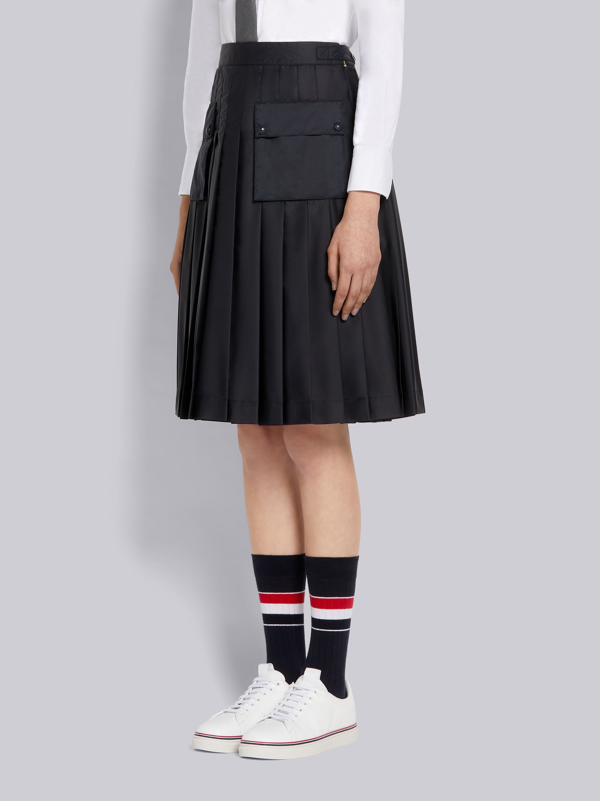 Navy Sheer Ripstop Cargo Pocket Knee Length Pleated Skirt - 2