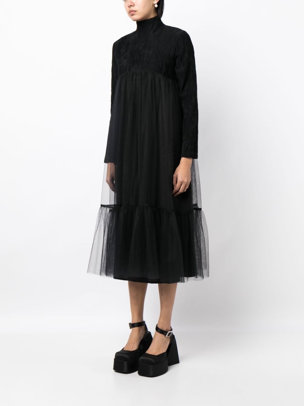 high-neck tulle-overlay midi dress - 3