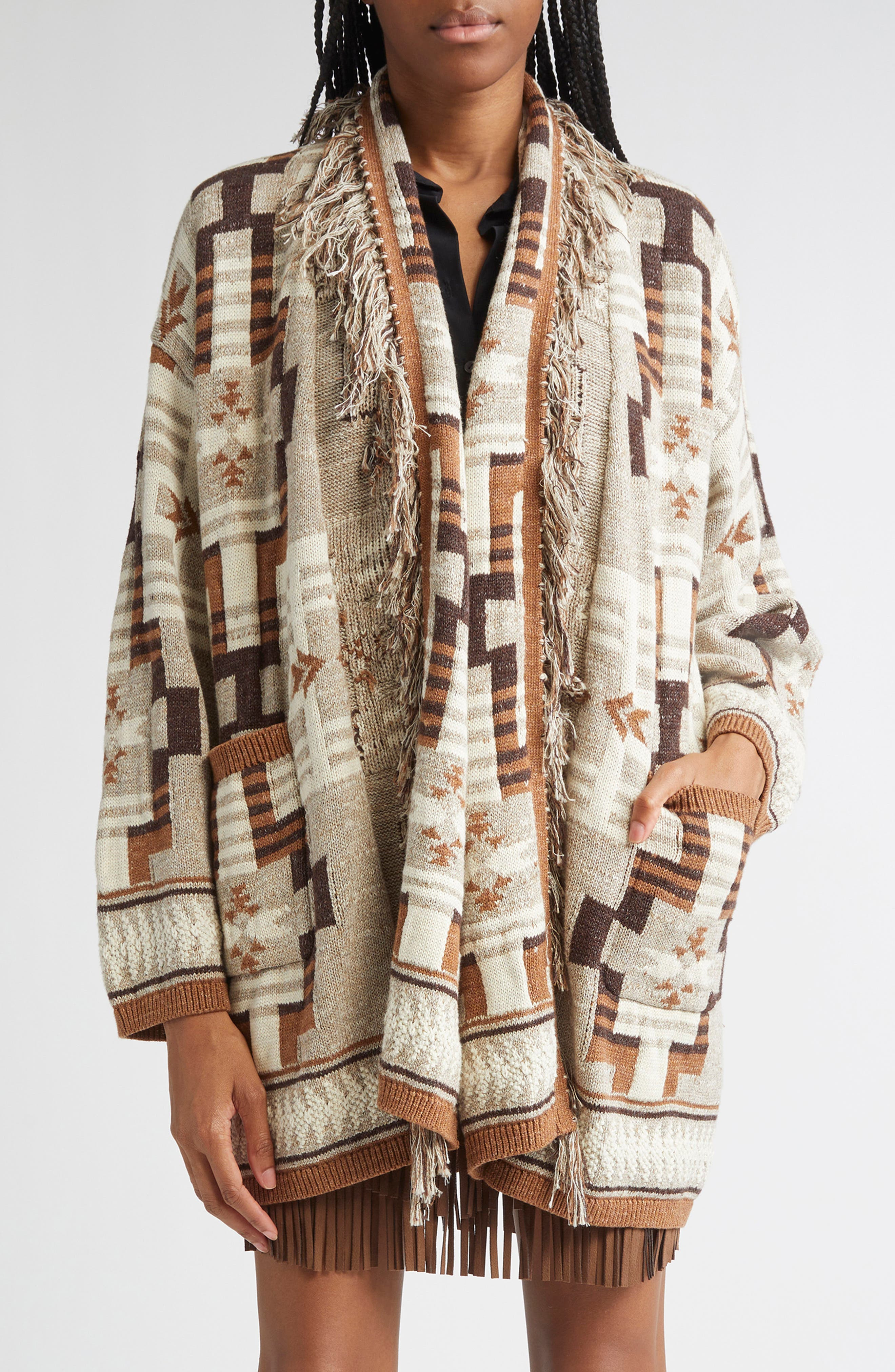 L'AGENCE Jair Geo Pattern Fringe Cardigan in Natural Multi at Nordstrom - 1