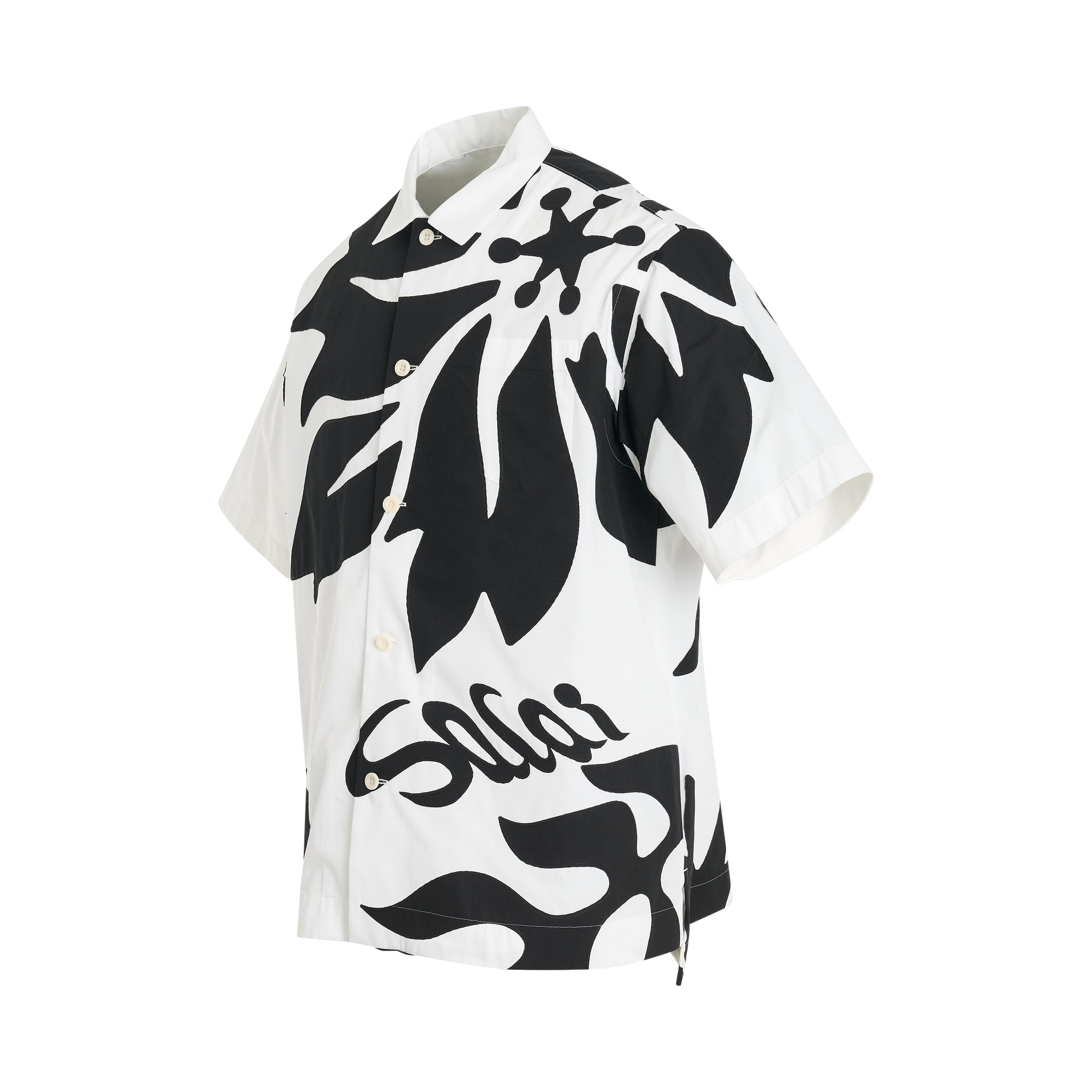 Floral Embroidered Patch Cotton Poplin Shirt in Off White/Black - 2