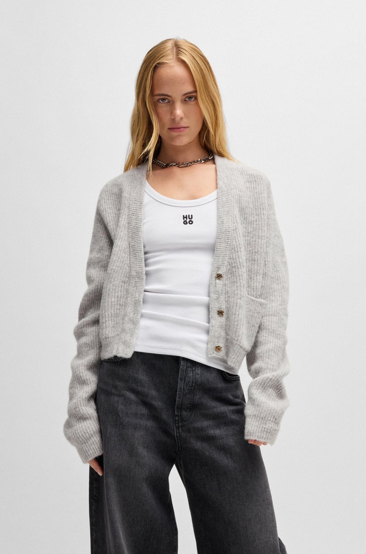RELAXED-FIT V-NECK CARDIGAN WITH STACKED LOGO - 2