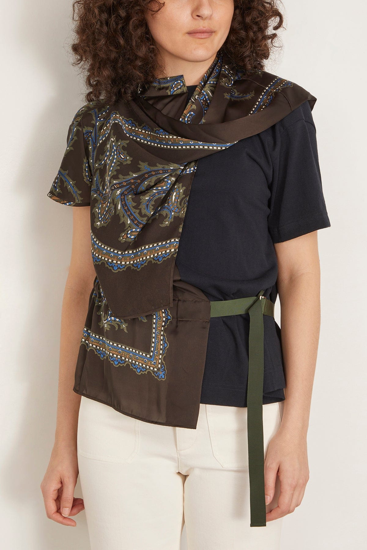 Paisley Print Cotton Jersey T-Shirt in Navy/Khaki - 3