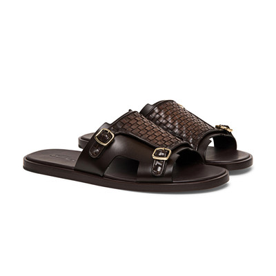 Santoni Men’s brown woven leather double-buckle sandal outlook
