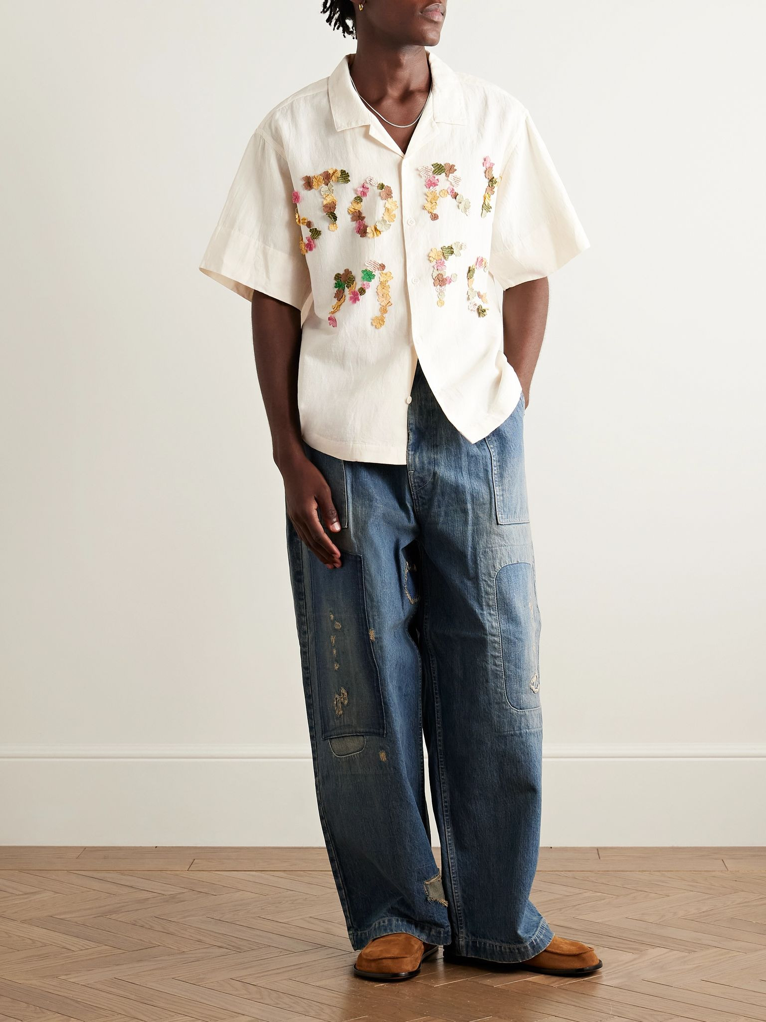 Greetings Camp-Collar Logo-Appliquéd Cotton and Linen-Blend Shirt Ecru - 2