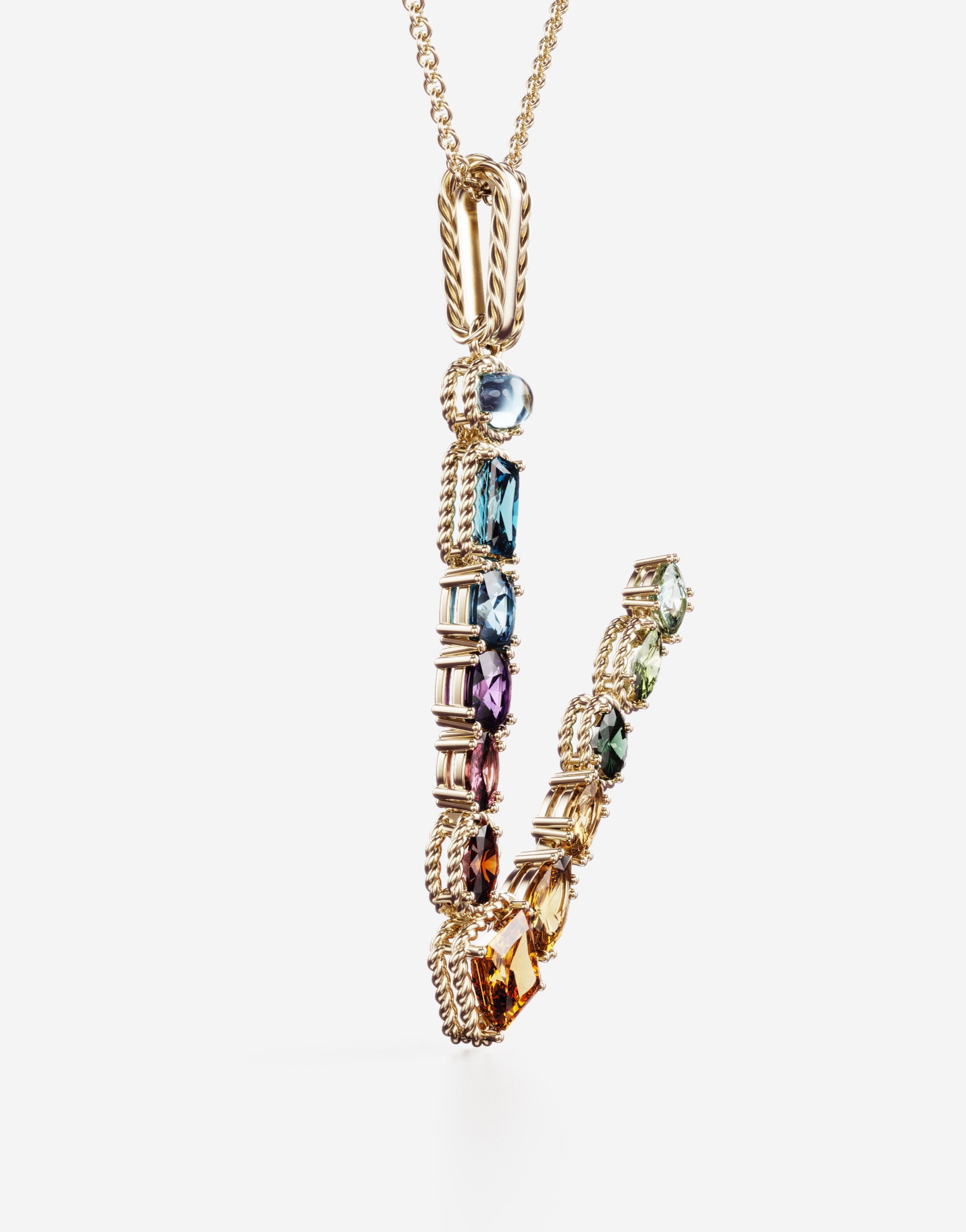 Rainbow alphabet V pendant in yellow gold with multicolor fine gems - 3