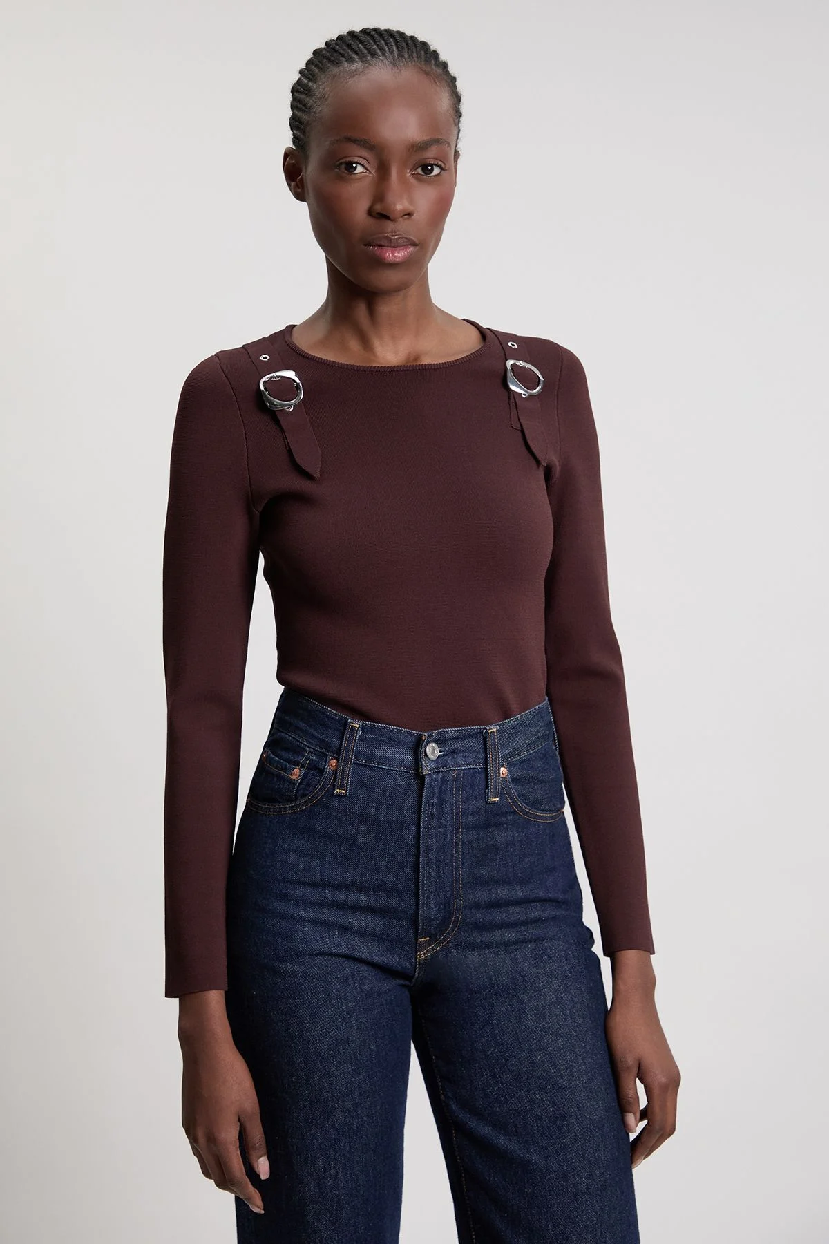Buckle Trim Long Sleeve Knitted Top - 1