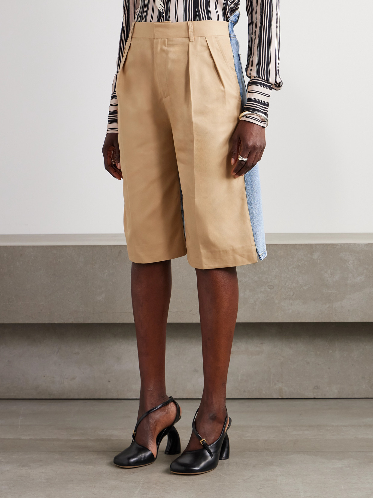 Denibermuda Pleated Cotton-gabardine And Denim Shorts - 4