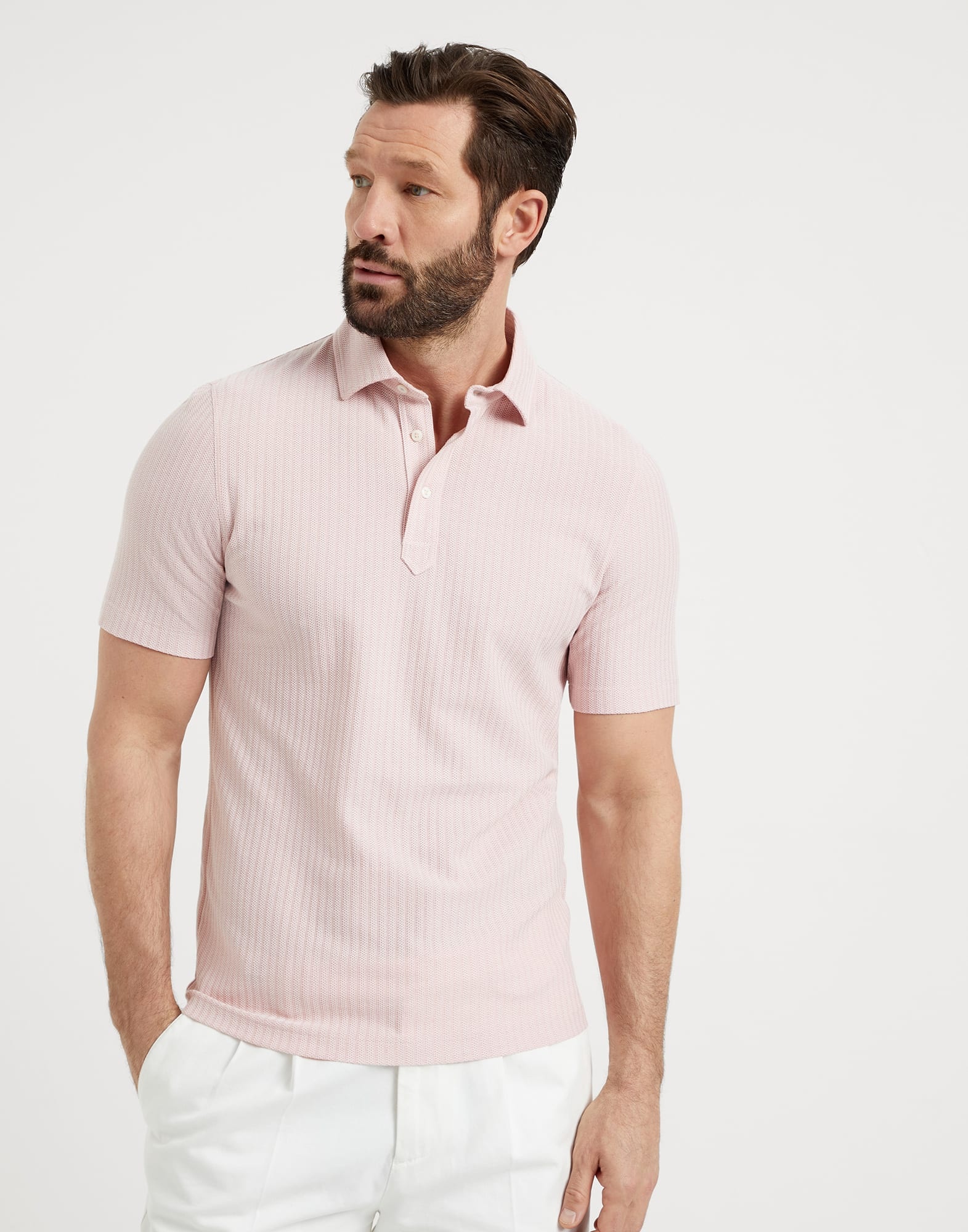 Cotton and silk textured piqué polo with shirt-style collar - 1