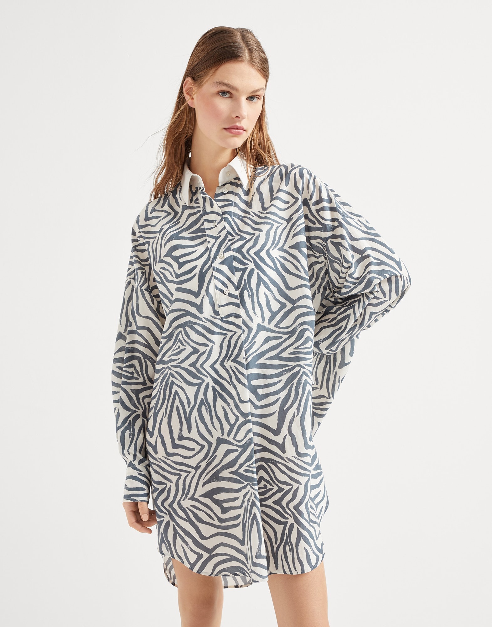 Cotton and silk ethnic print poplin shirt dress with monili - 1