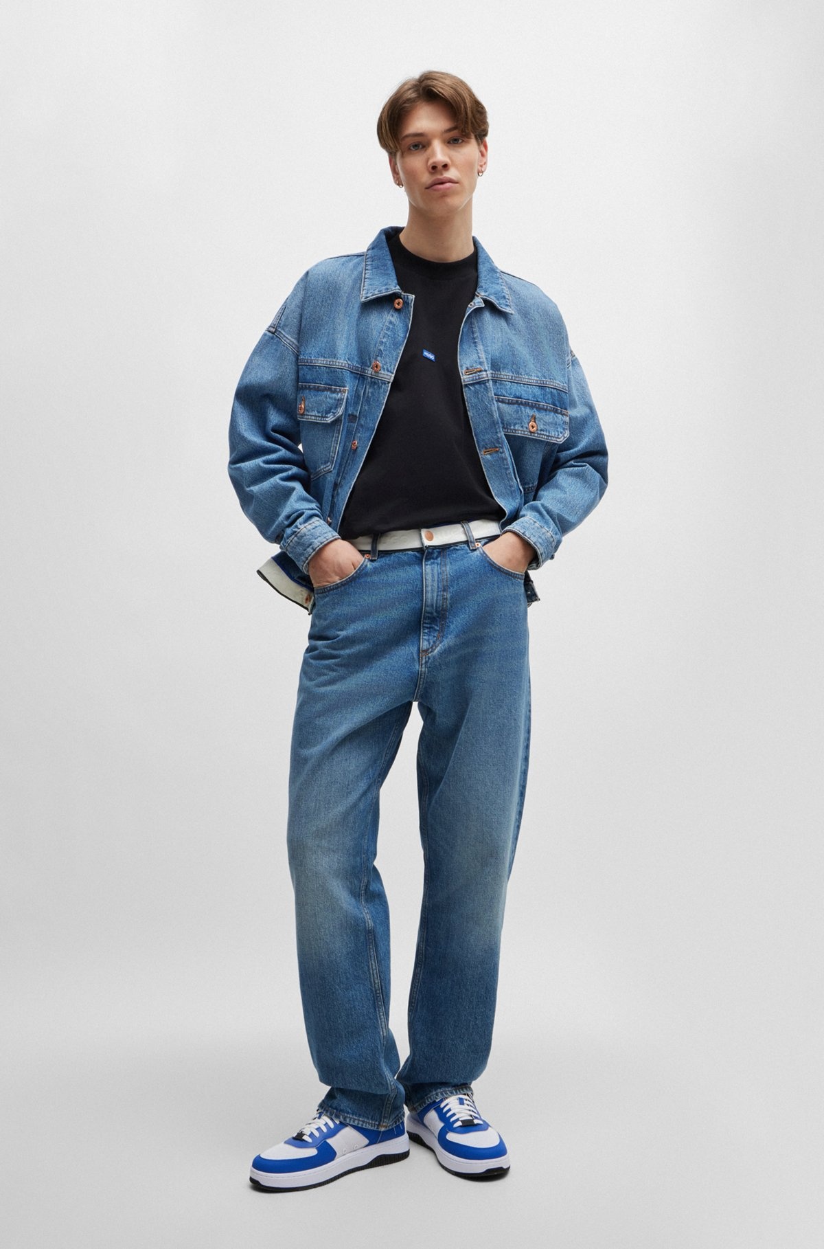 MID-BLUE DENIM JEANS WITH LOGO-TAPE WAIST - 3