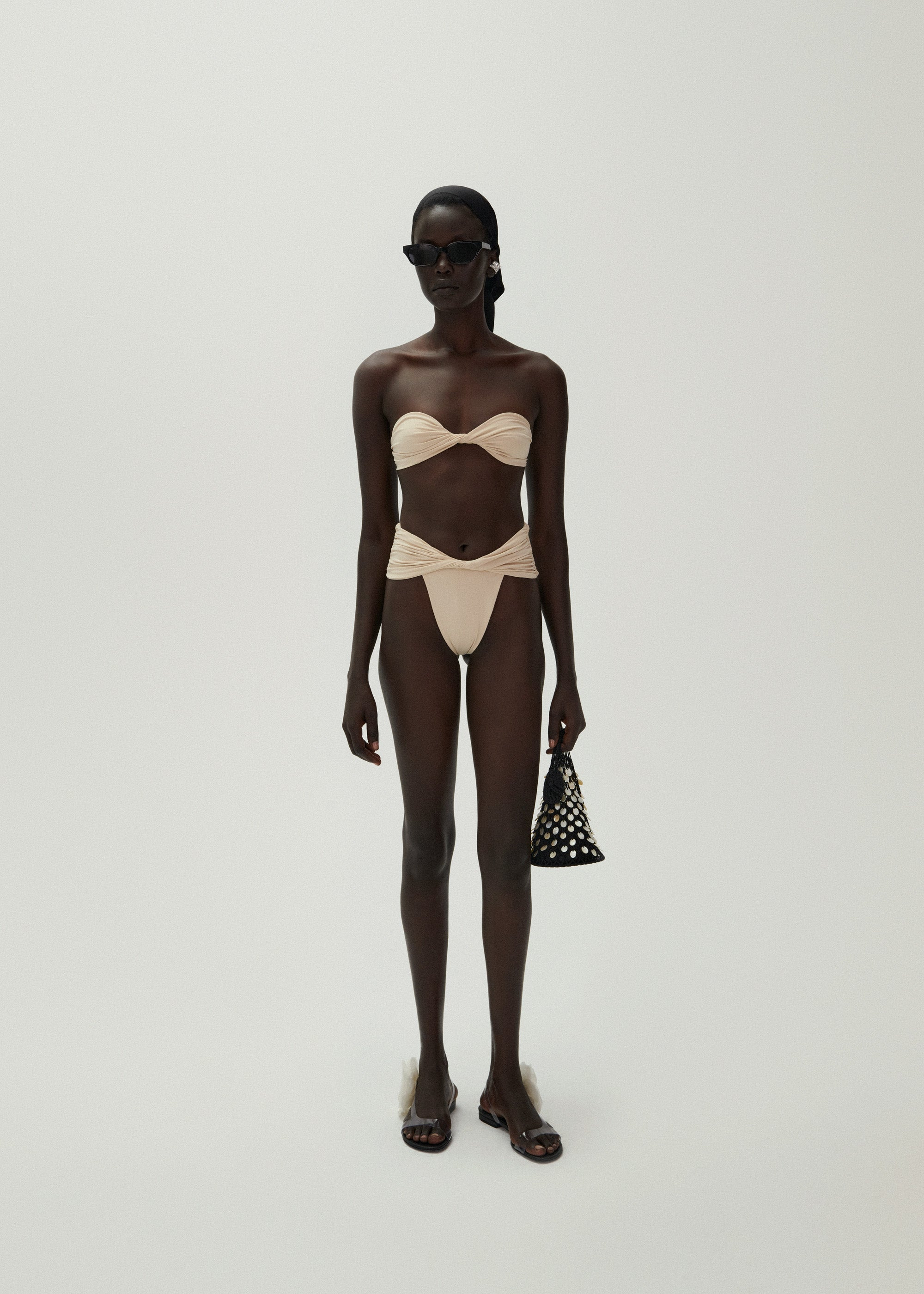 Twisted bandeau swim top in beige - 3